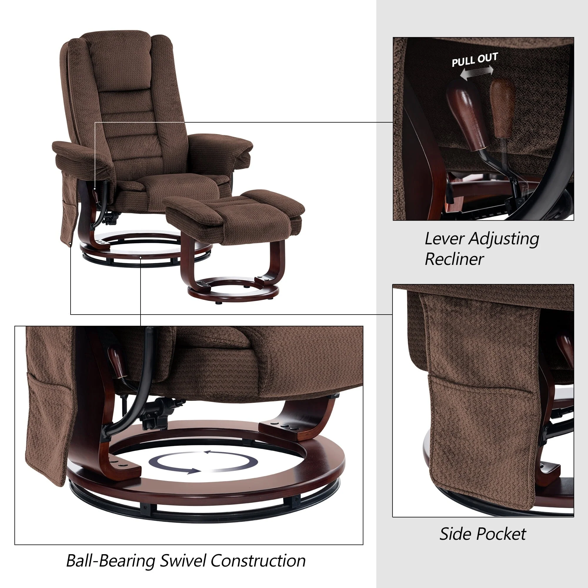 Mcombo Recliner Chair with Ottoman, Fabric Massage Swivel Chair