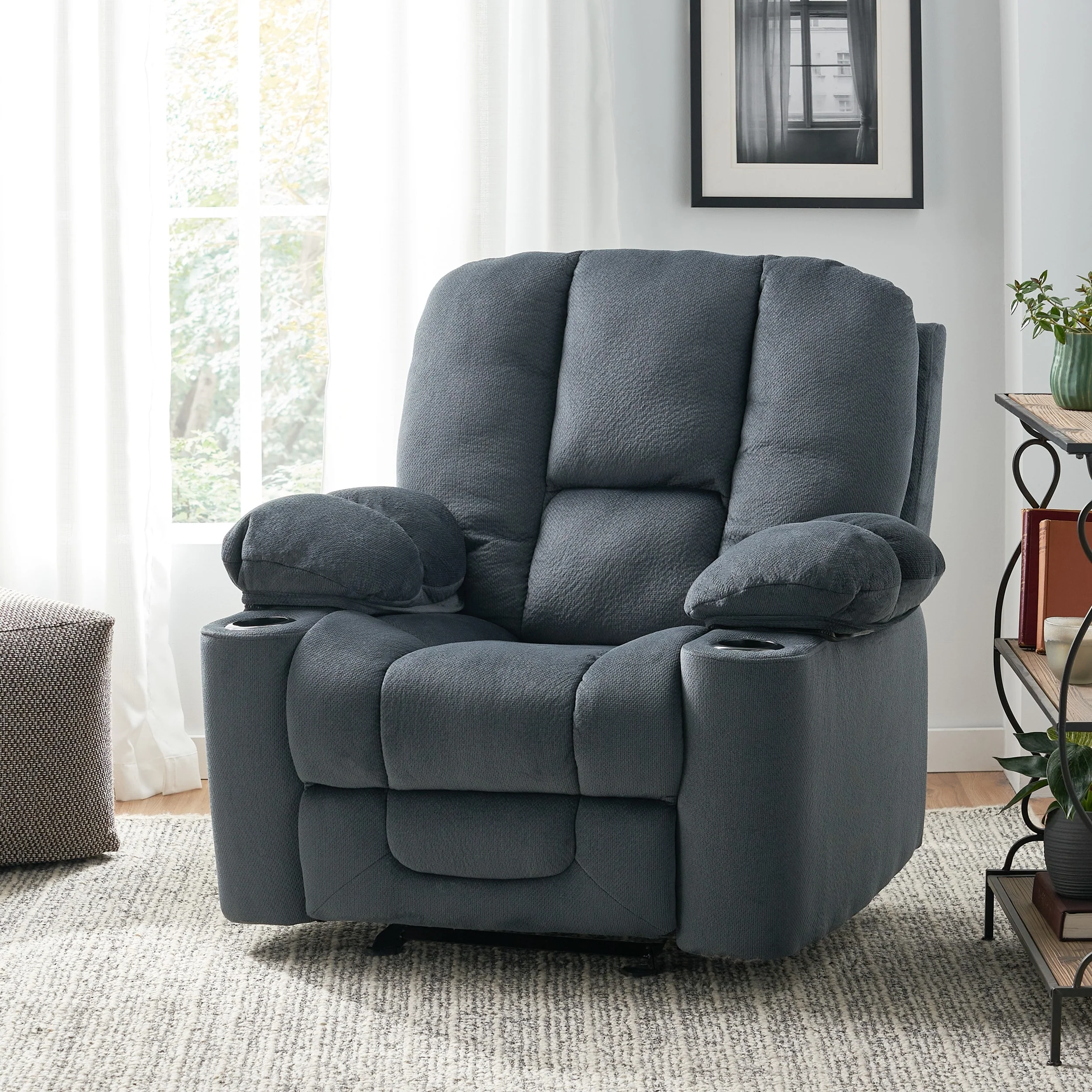 Stylish Manual Recliner with Soft Fabric Upholstery, Plush Padding, and Dual Cup Holders