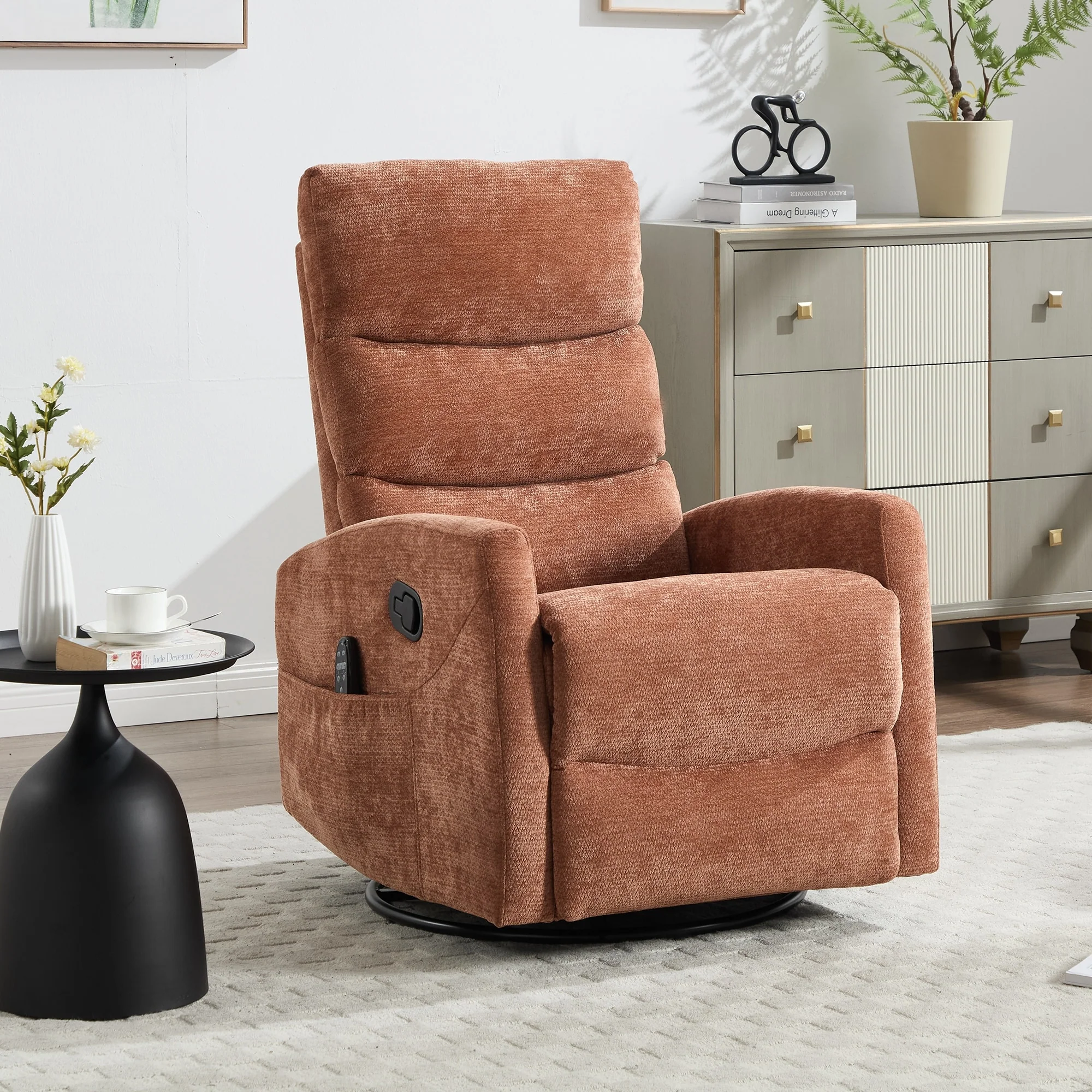Heat Massage Manual Recliner Chair with Rocker and Swivel in Fabric for Living Room