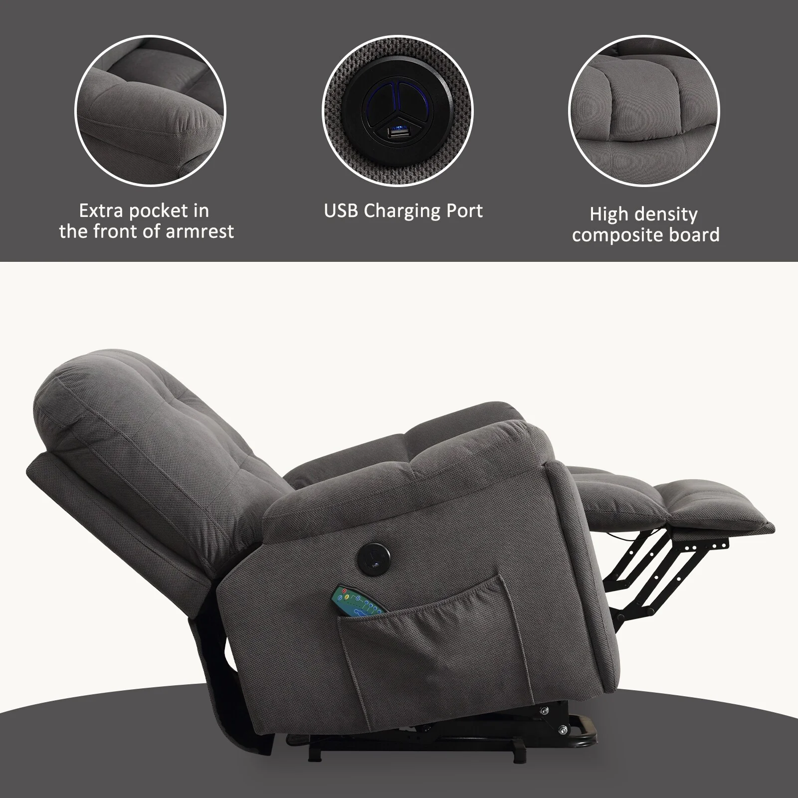 Grey Power Lift Recliner with Vibration Massage, Heat, USB, and Hidden Cup Holders