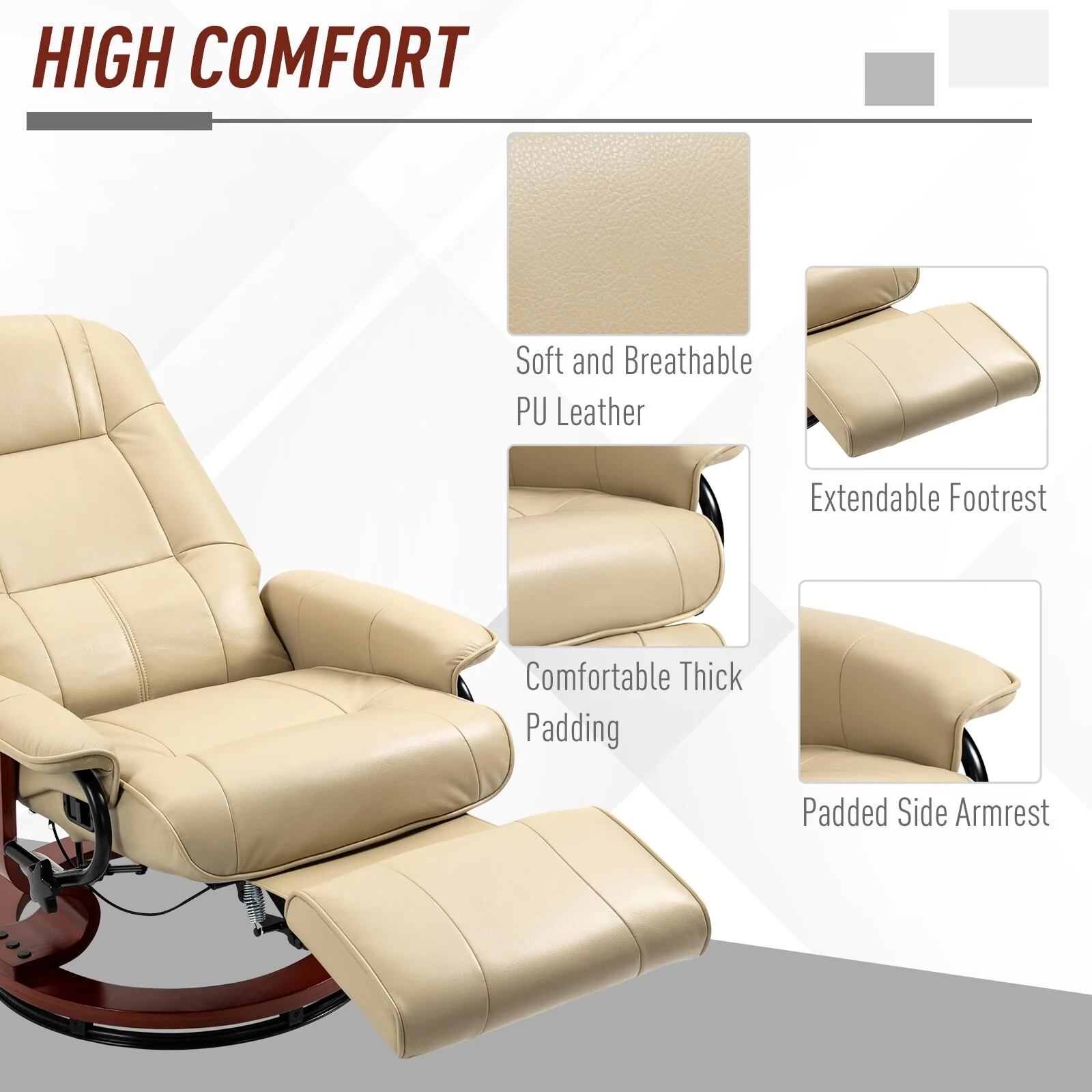 PU Leather Recliner with Wooden Swivel Base, Manual Recline, Padded Armrests, and Footrest