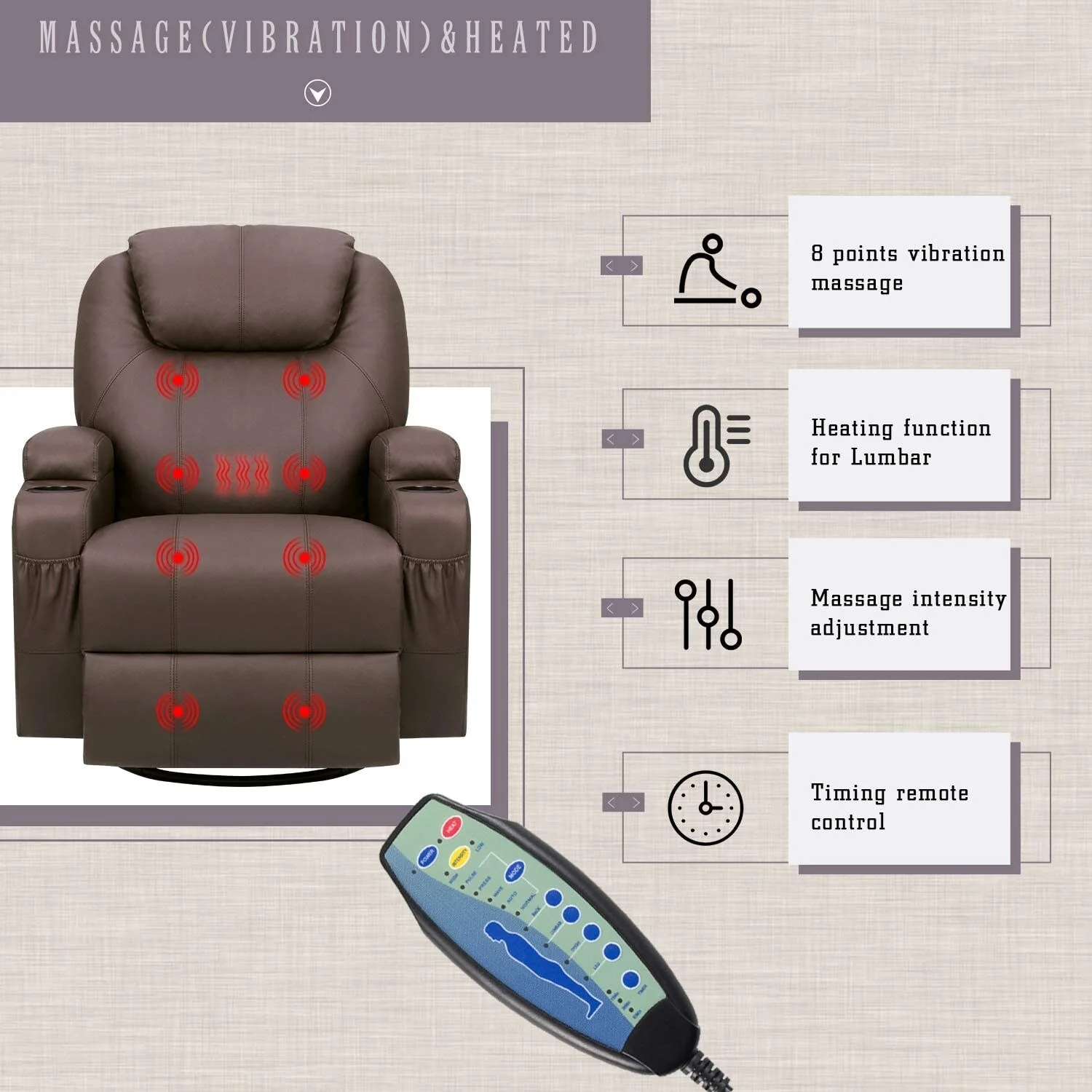Furniwell Rotary Massage Heated Function Recliner PU Leather Whirl