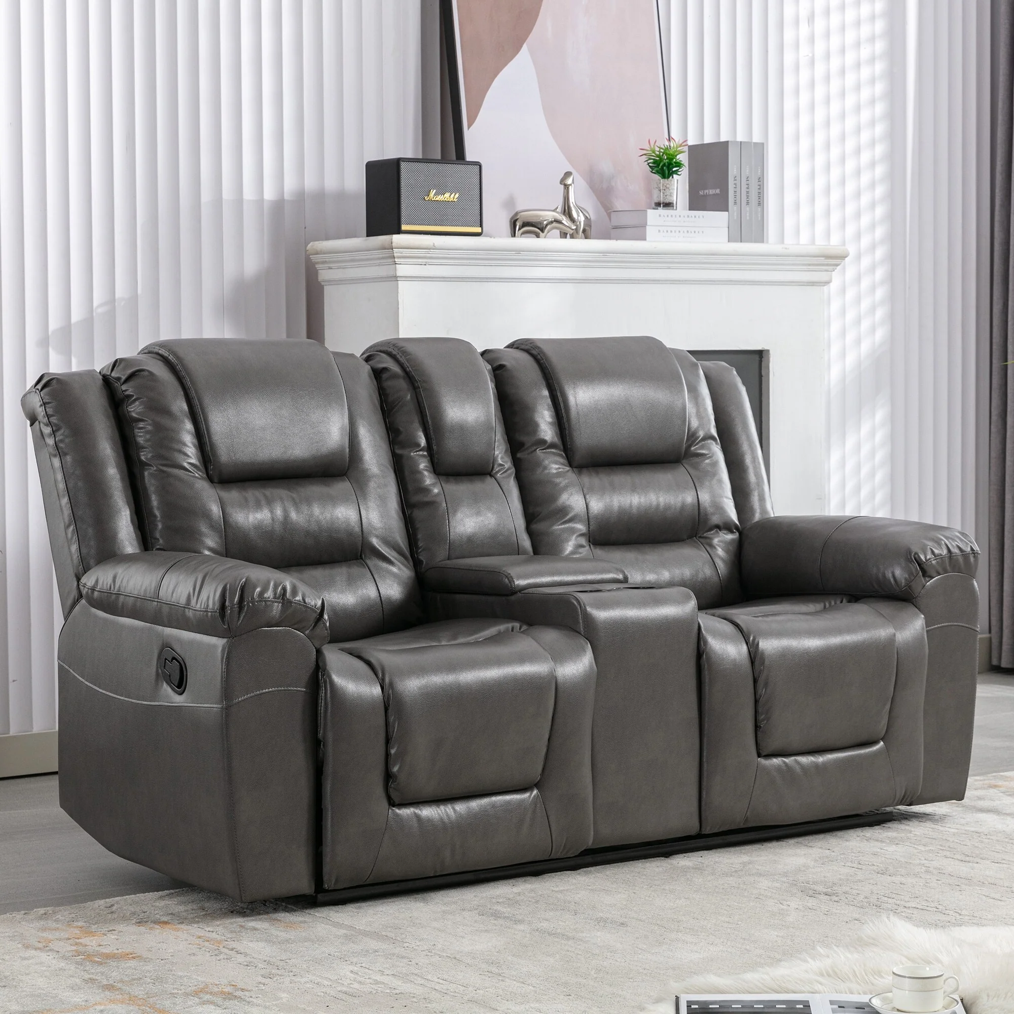 Roomfitters 2-Seater Manual Home Theater Recliner Chair with Storage Box and Cup Holders, Grey