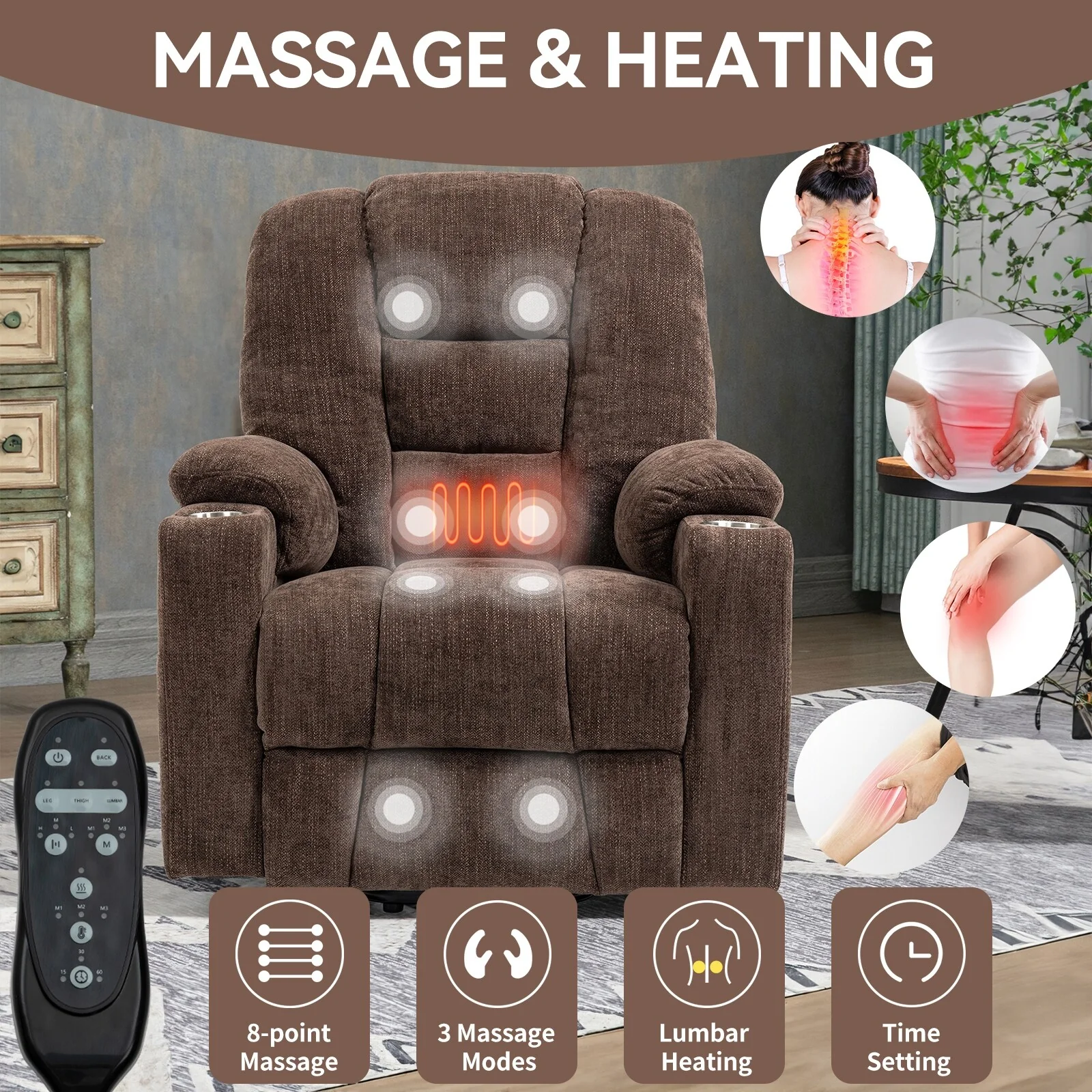 Grey Large Power Lift Recliner with Massage, Heat, USB, and Cup Holders