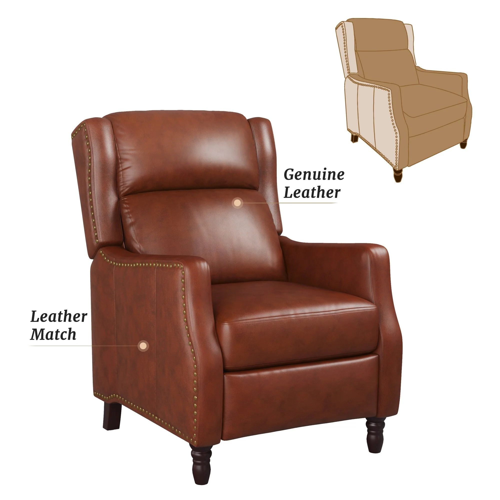 COZYMAN Modern Genuine Leather Push Back Recliner Adjustable Recliner Chair with 3-Position Seat