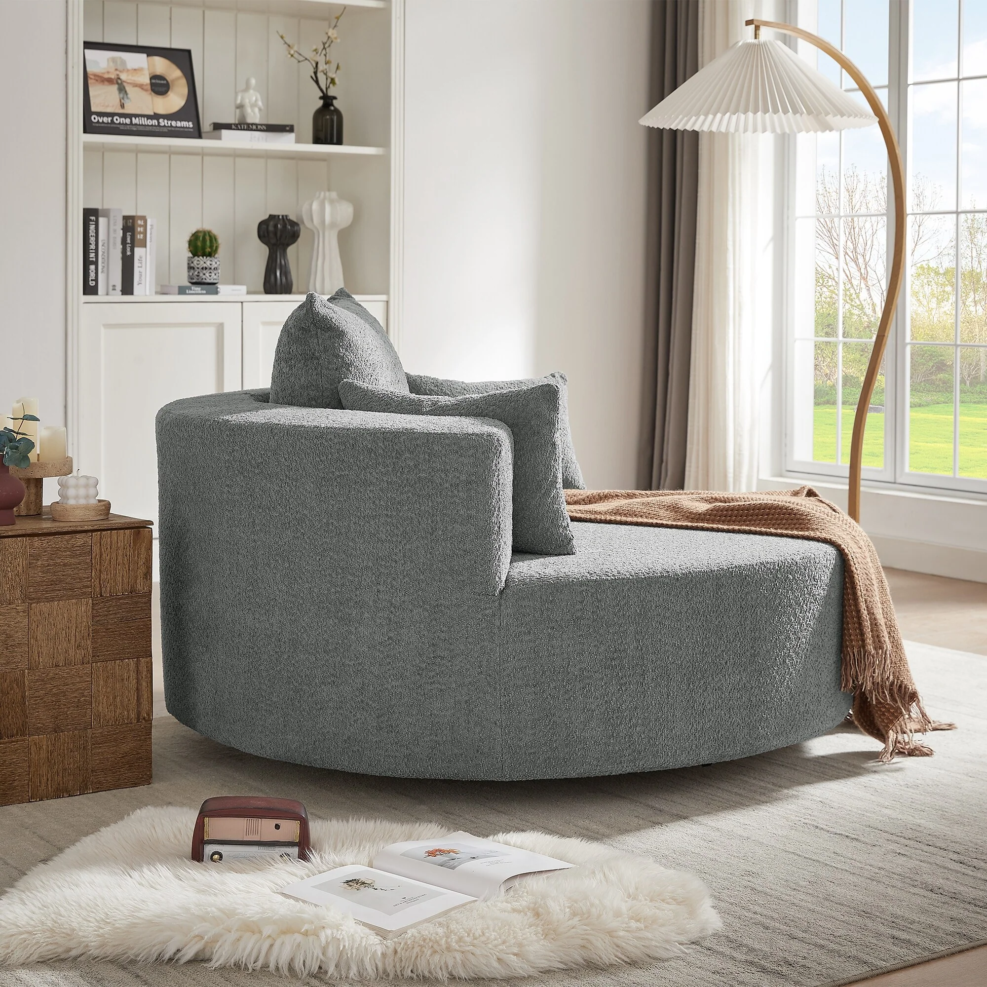 Chenille Accent Barrel Chair Lounge Chair, Round Sofa Chair Armchair with 360-Degree Swivel Base and 3 Removable Pillows