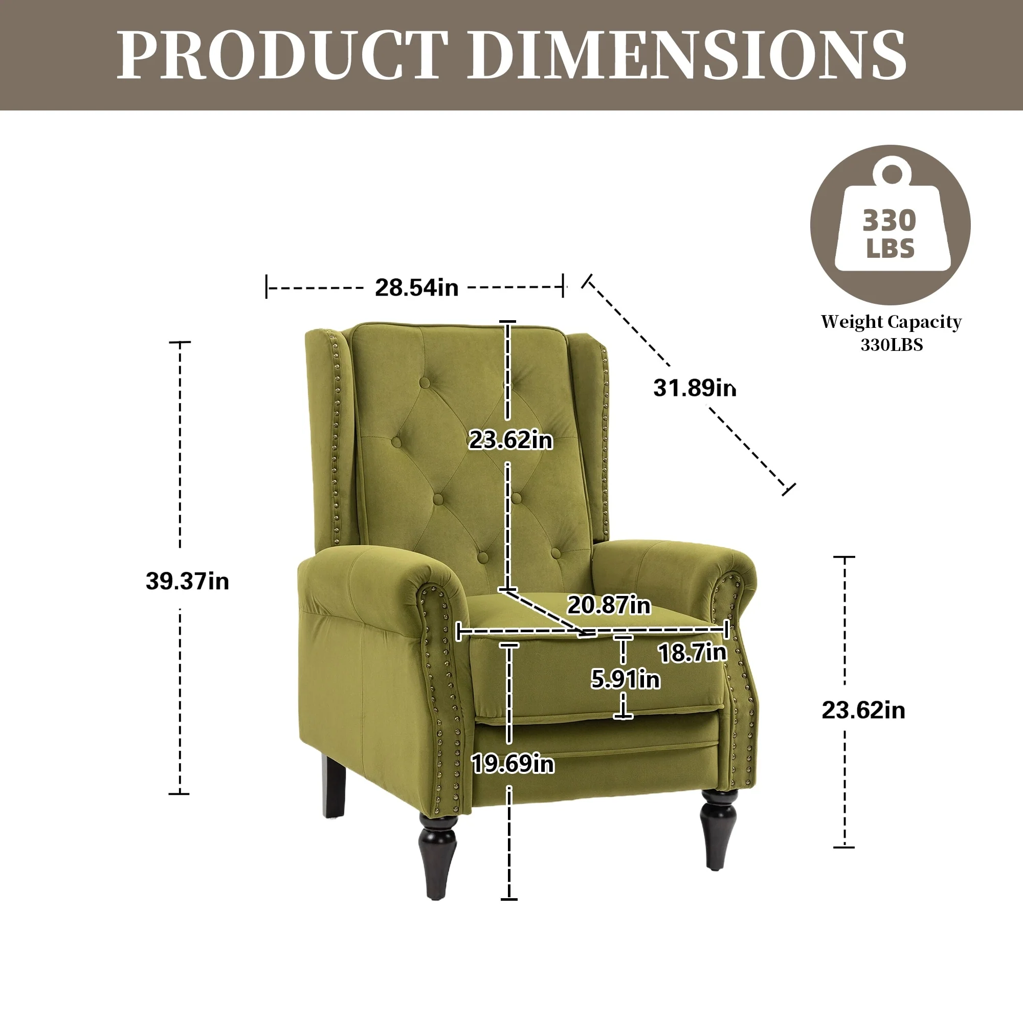 Velvet Upholstered Nailhead Tufted Recliner Chair with Black Legs