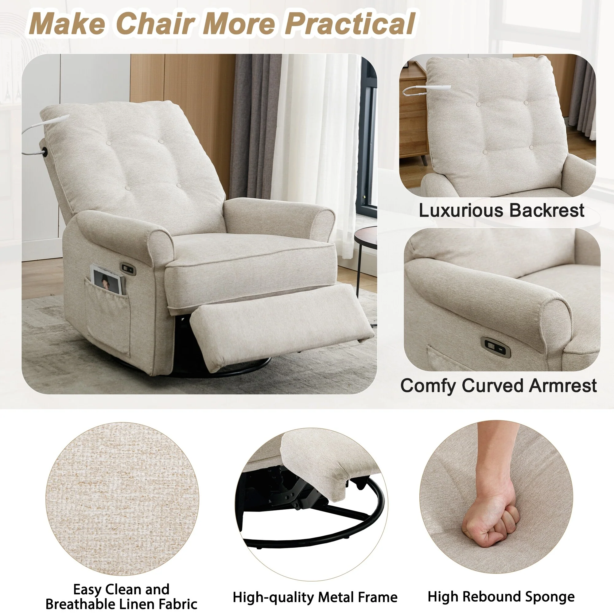 Beige 270�� Swivel Recliner with USB, Rocking Base, and Side Pocket