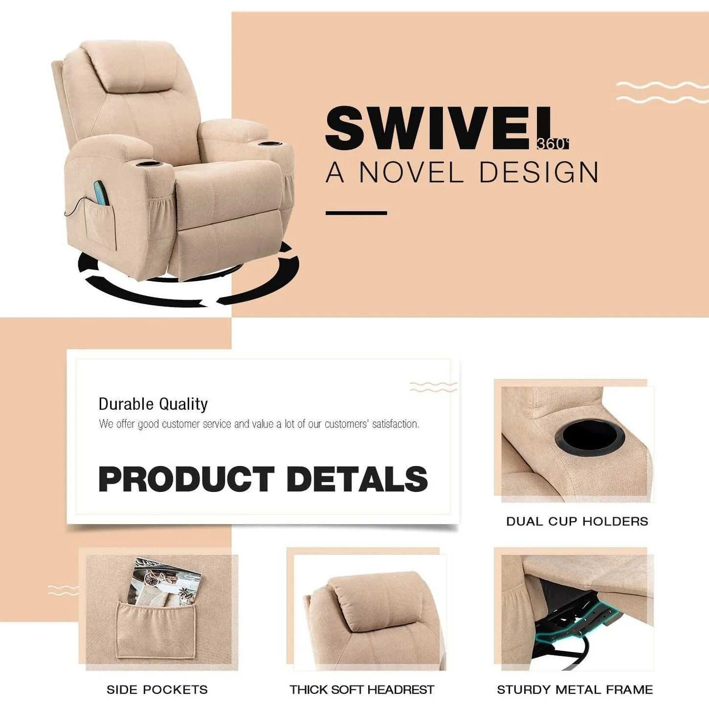 Furniwell Rotary Massage Heated Function Recliner Fabric Whirl