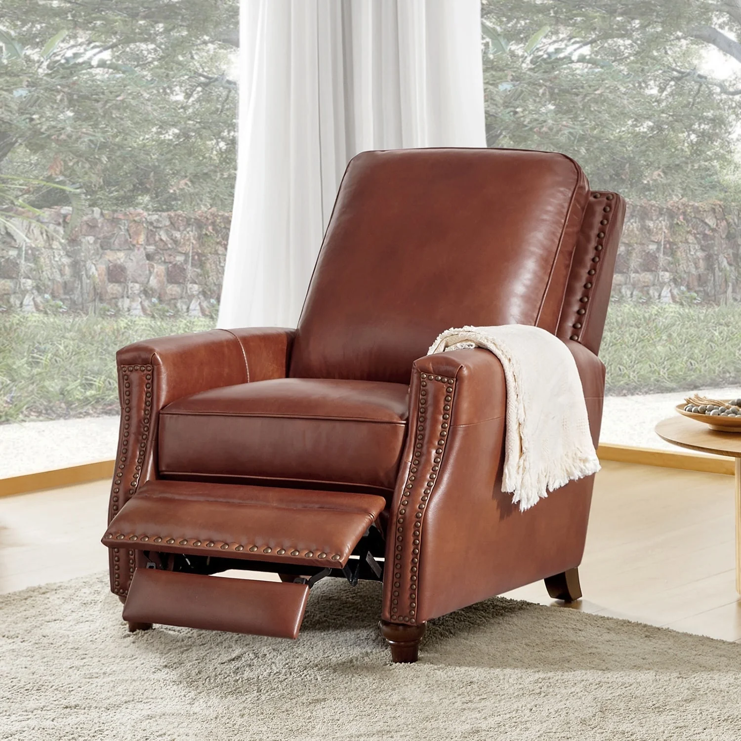 Cigar Mid-century Modern Genuine Leather Recliner with Nailhead Trim by HULALA HOME
