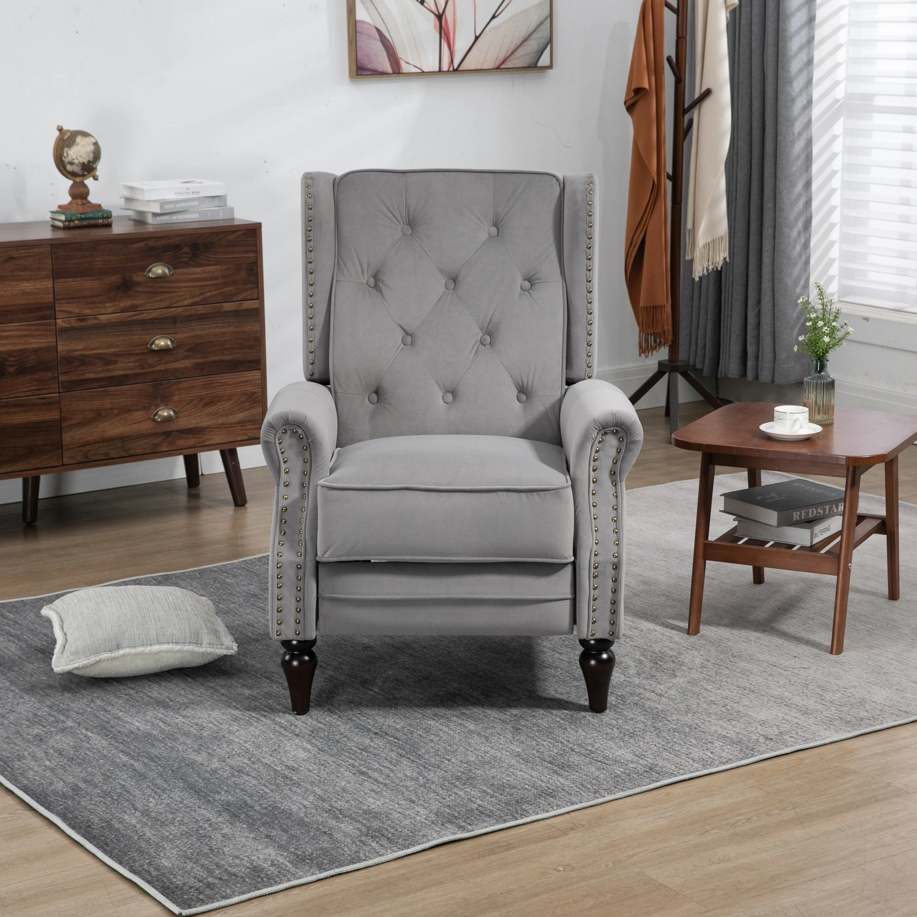 Velvet Upholstered Nailhead Tufted Recliner Chair with Black Legs