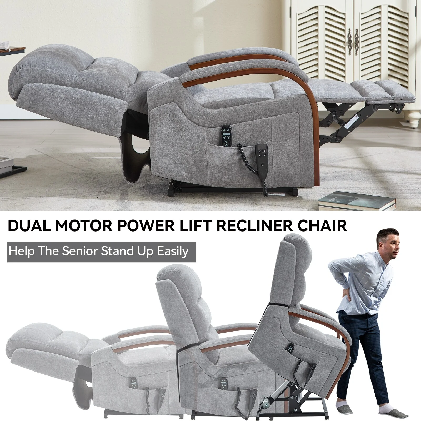 Chenille Power Lift Recliner with Massage & Wood Armrests
