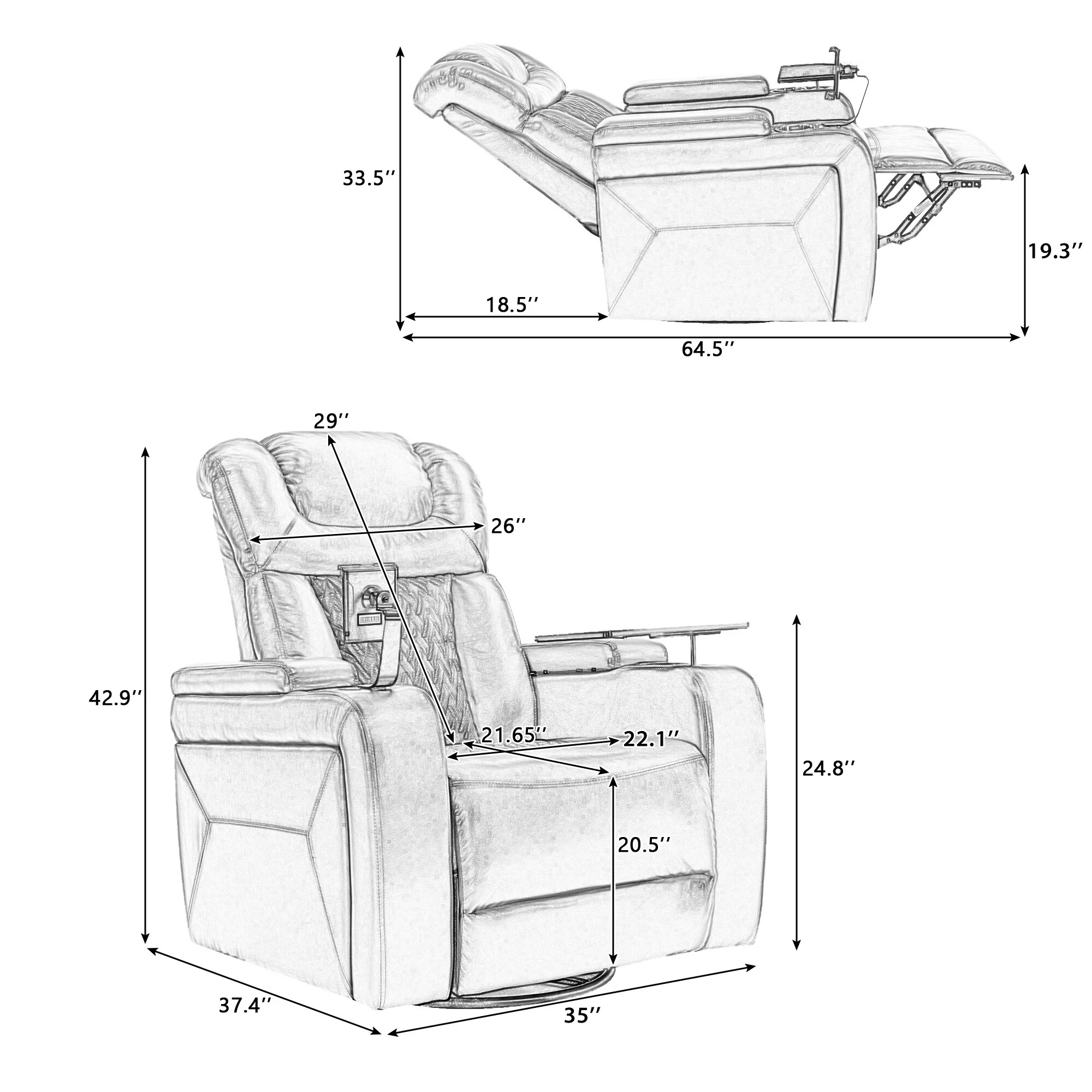 Power Recliner Individual Seat, Home Theater Recliner with Tray Table, Phone Holder, Cup Holder, USB Port, Hidden Arm Storage