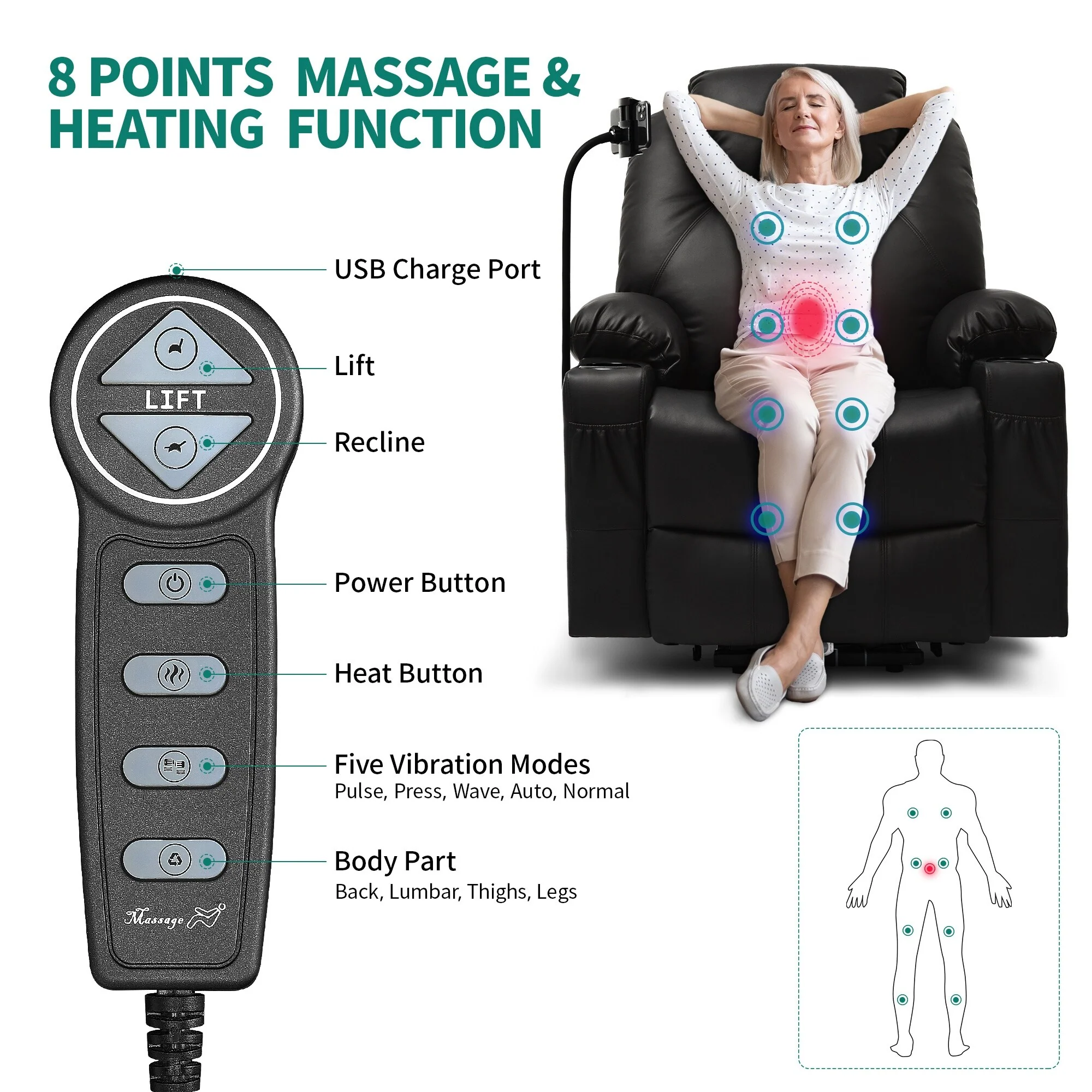 Modern Reclining Chair Fabric Massage with LED and Mobile Phone Holder