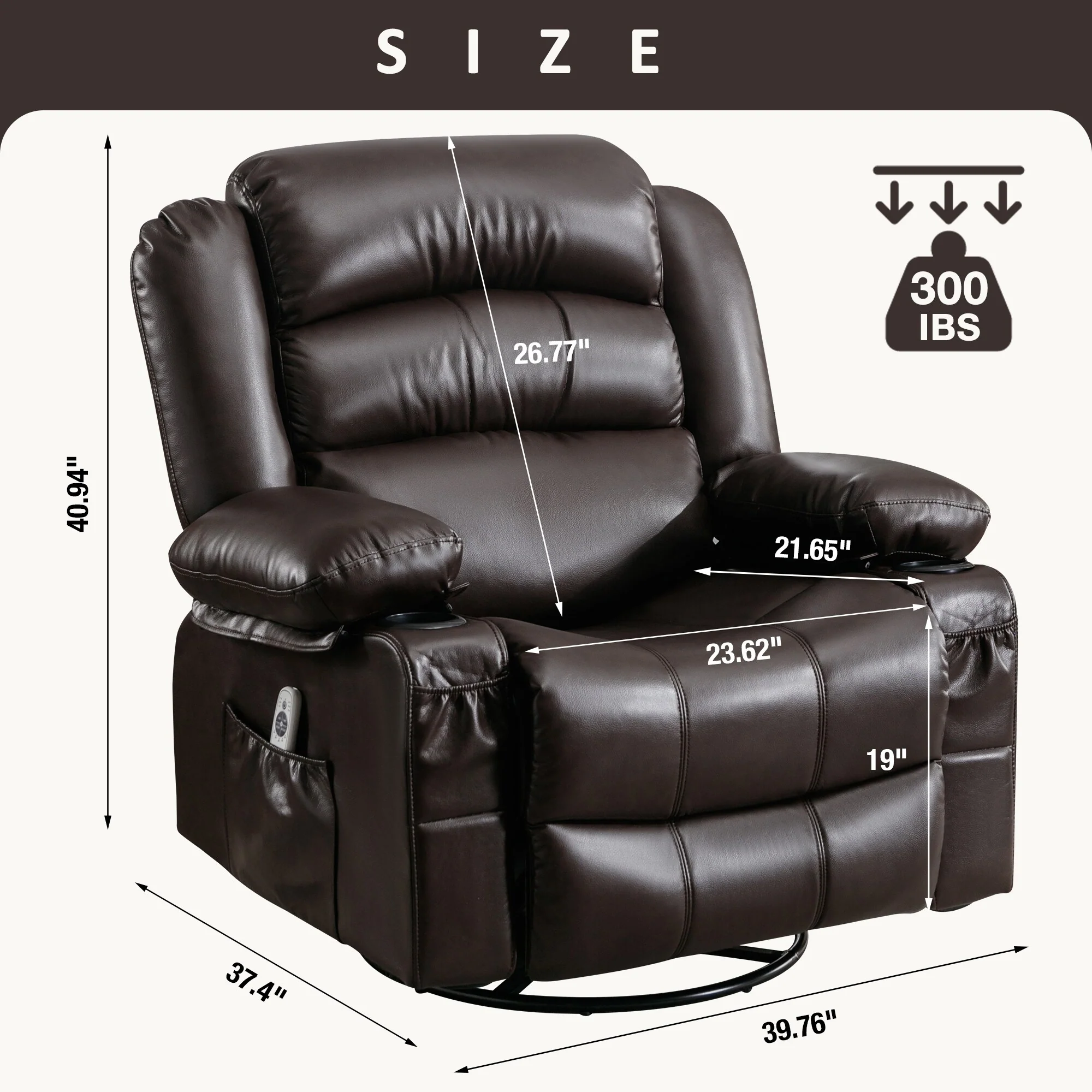 Black Swivel Rocker Recliner with Massage, Heat, USB, and Cup Holders