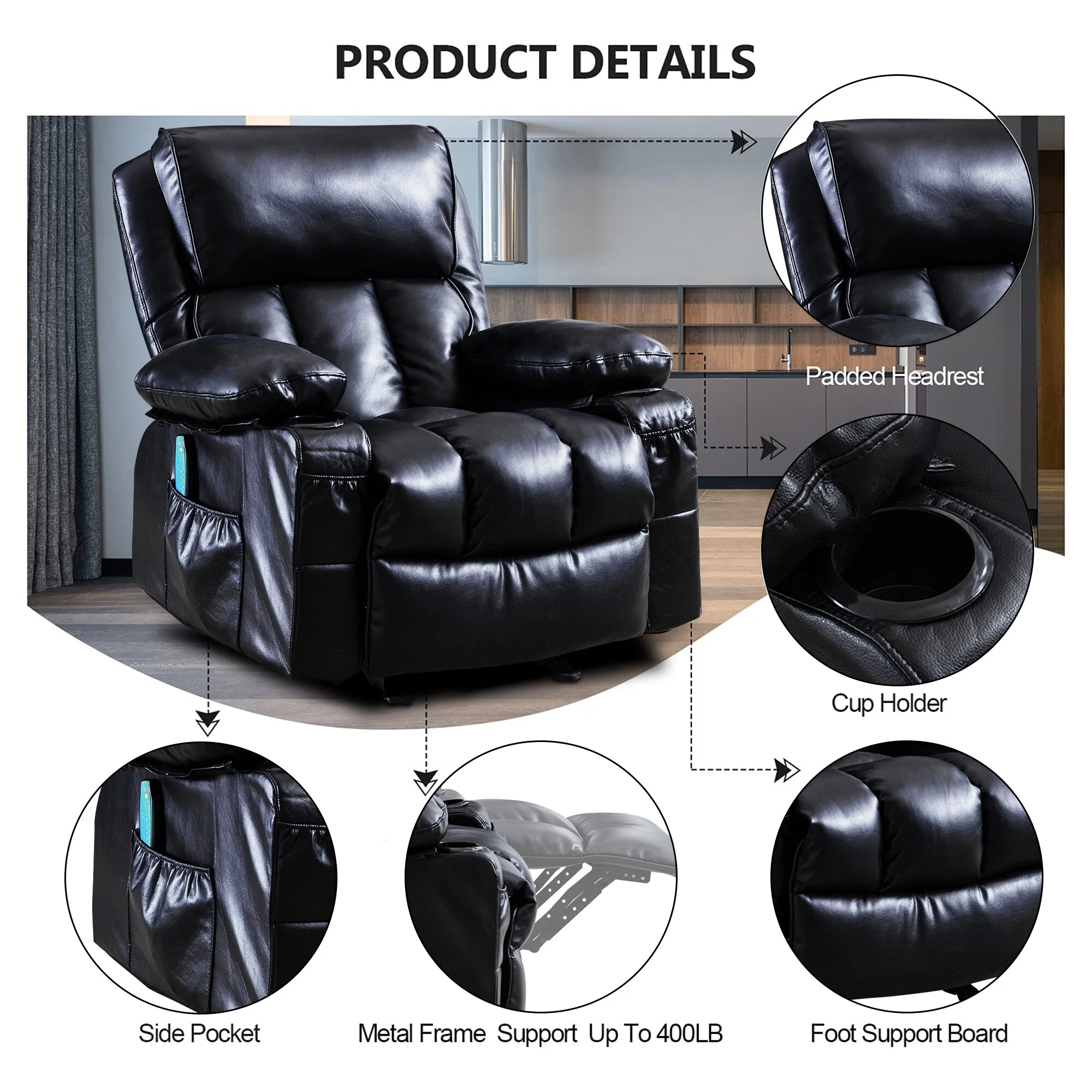 Faux leather Massage Recliner Chair, Rocker Recliner, Heat Function