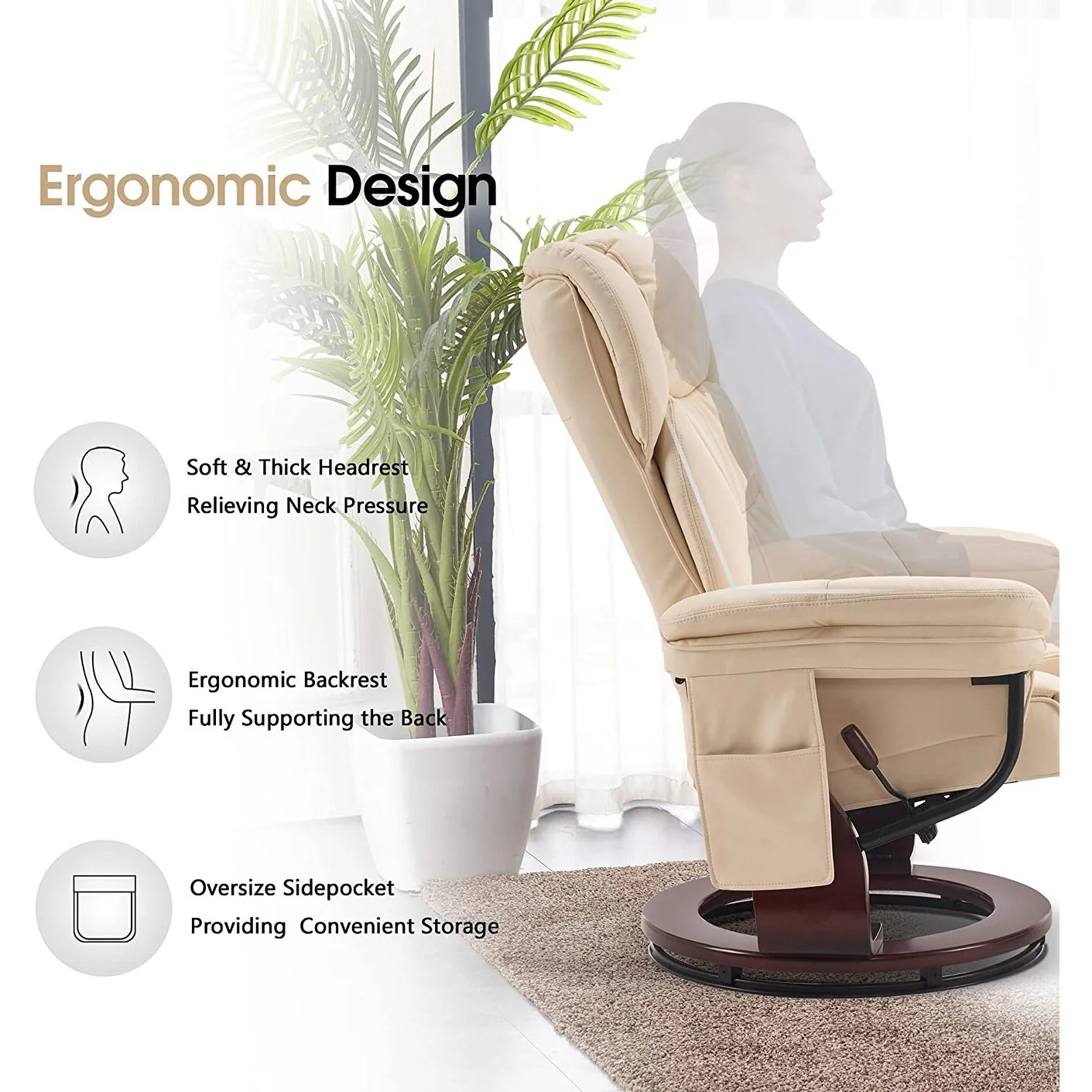 MCombo Swivel Recliners with Ottoman, Vibration Massage TV Chairs with Side Pocket