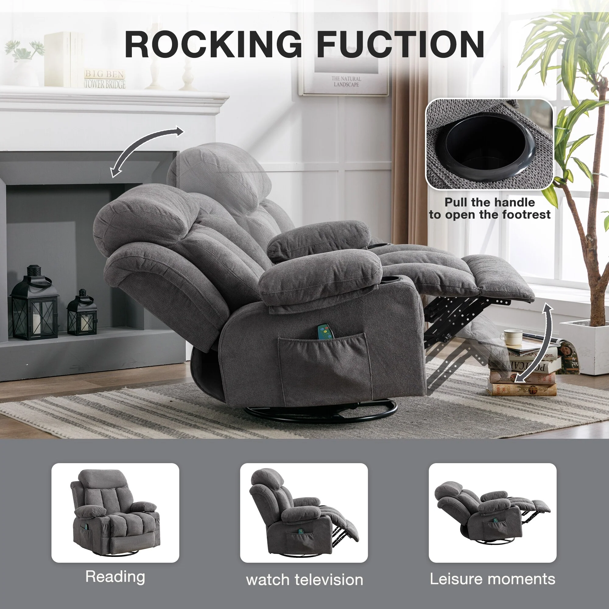Massage 360 Swivel Rocker Recliner Chair, Heating, Cup Holders, USB