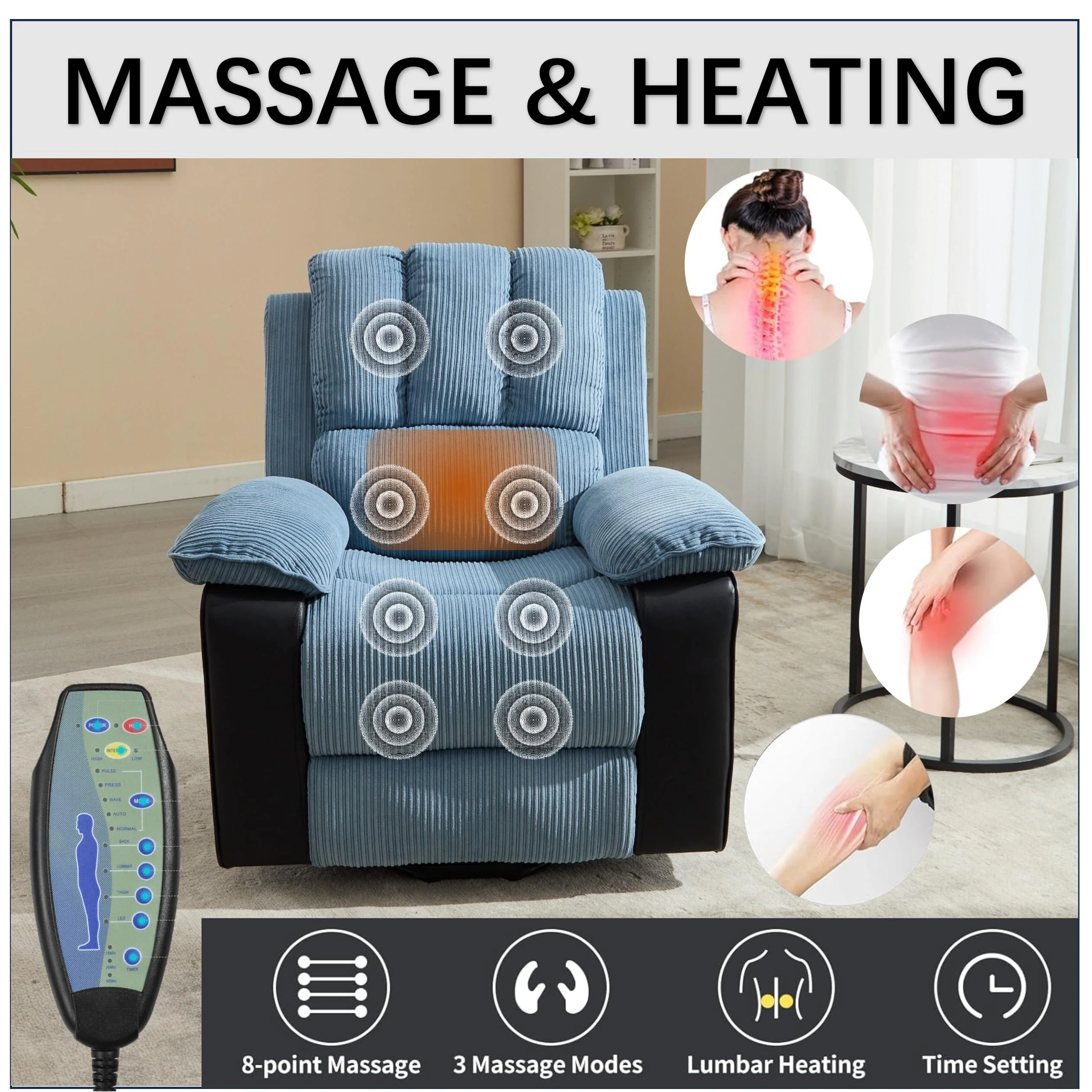 Blue Recliner with Heat, Massage & Modern Design