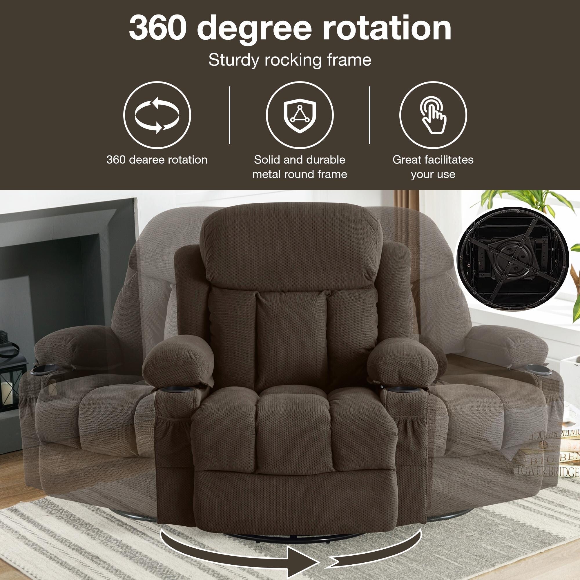 Swinging Recliner Massage Heated Sofa, with USB and 2 Cup Holders in Side Pockets