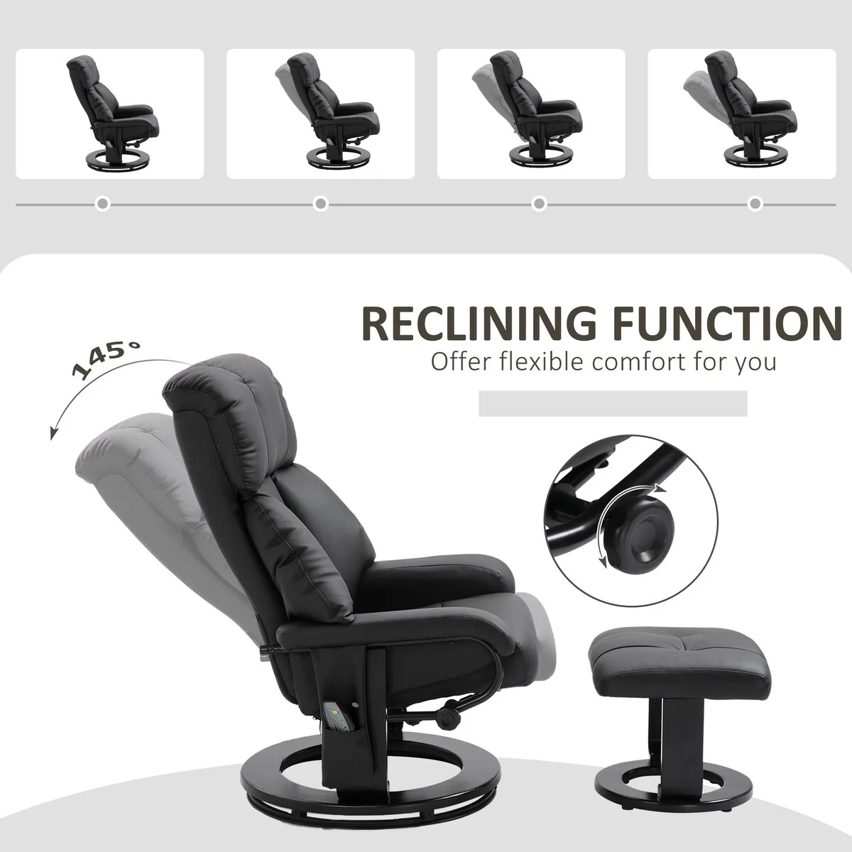 Massage Recliner in PU Leather with Footstool and 360? Swivel Function