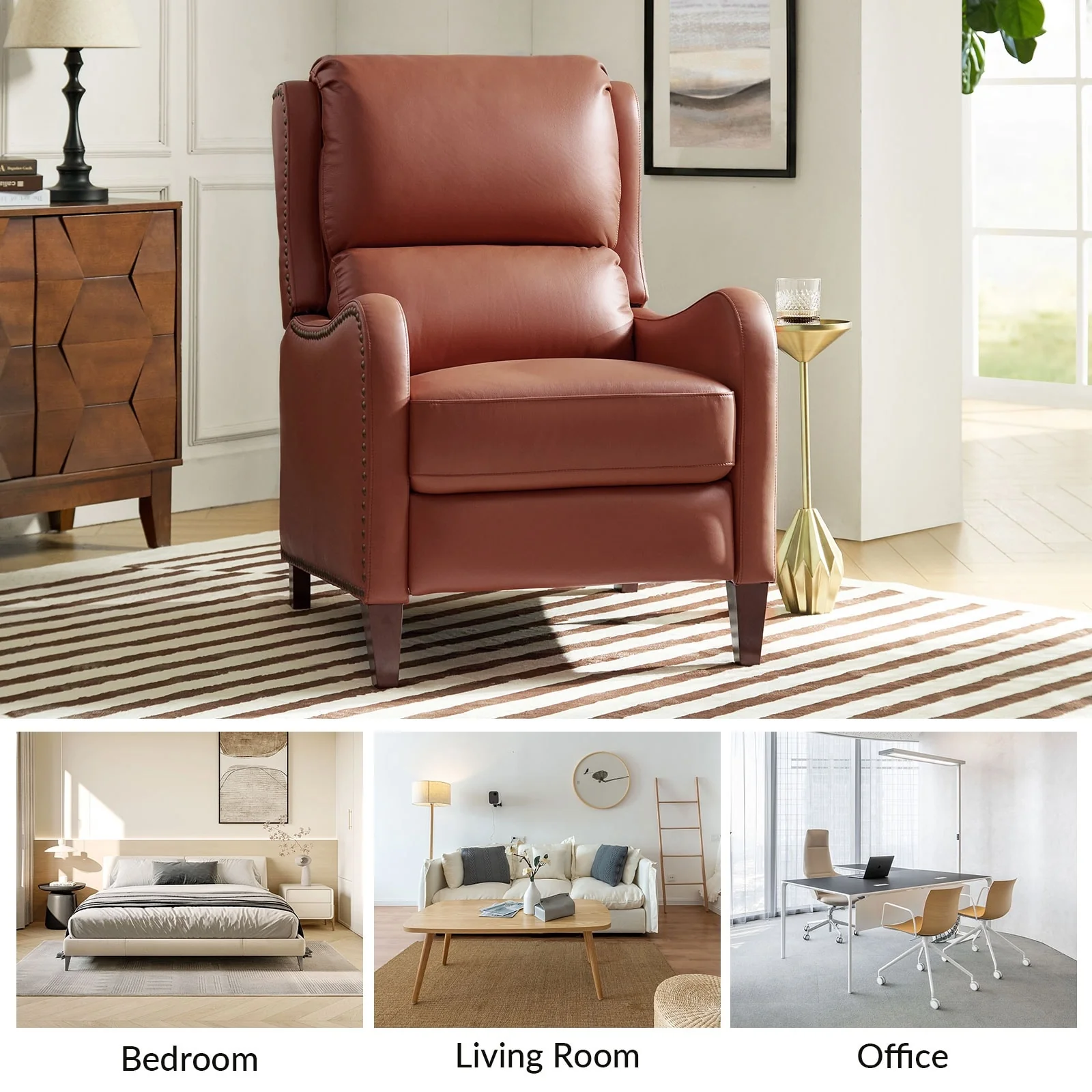 Brigida Modern Genuine Leather Nailhead Trim Recliner with Adjustable Footrest Set of 2 by HULALA HOME