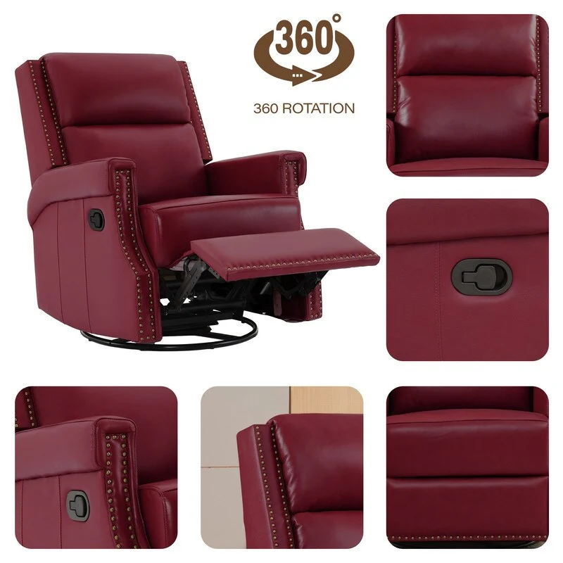 Genuine Leather Manual Rocking Recliner with 360-degree Metal Swivel Base