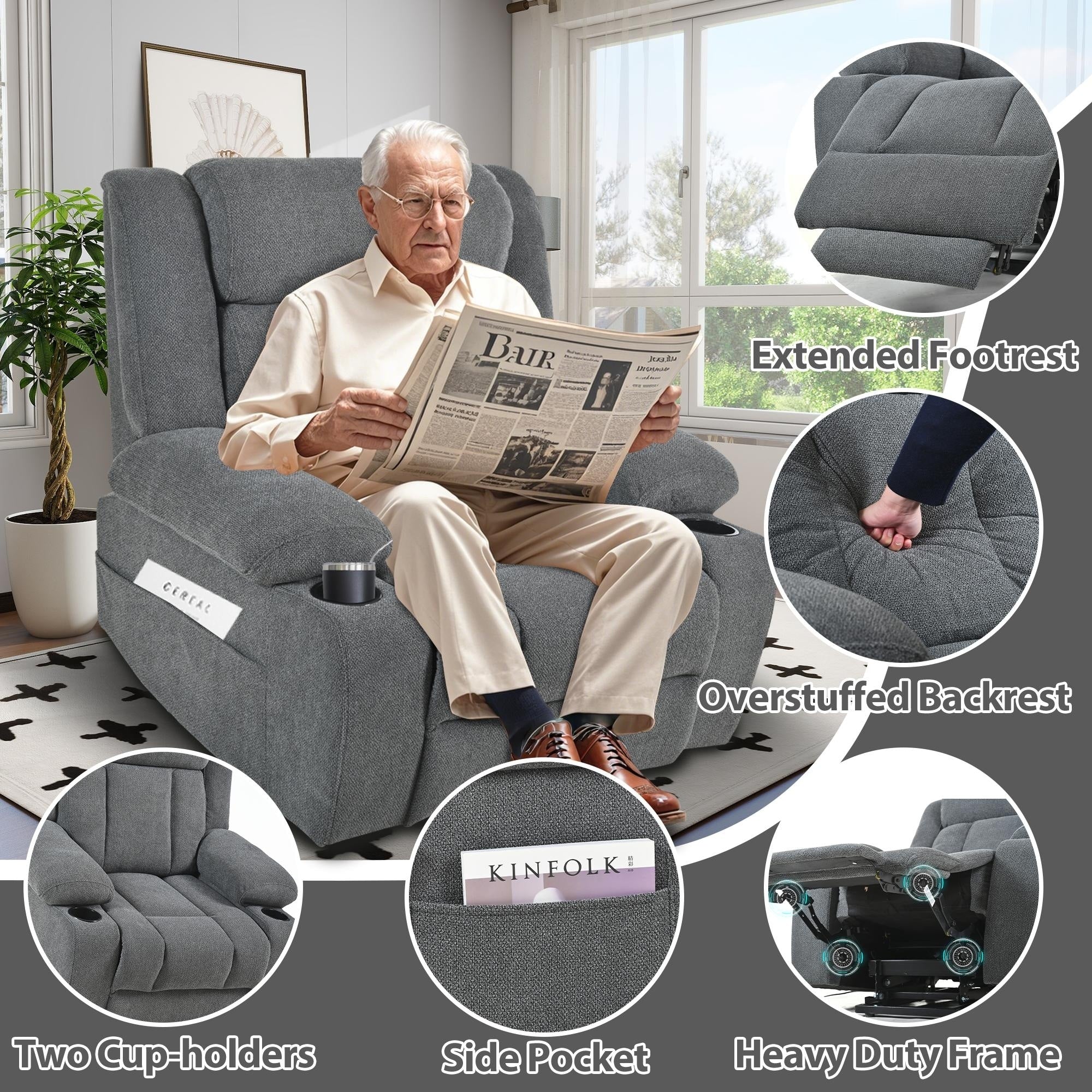 Velvet Power Lift Recliner with Footrest & Pocket
