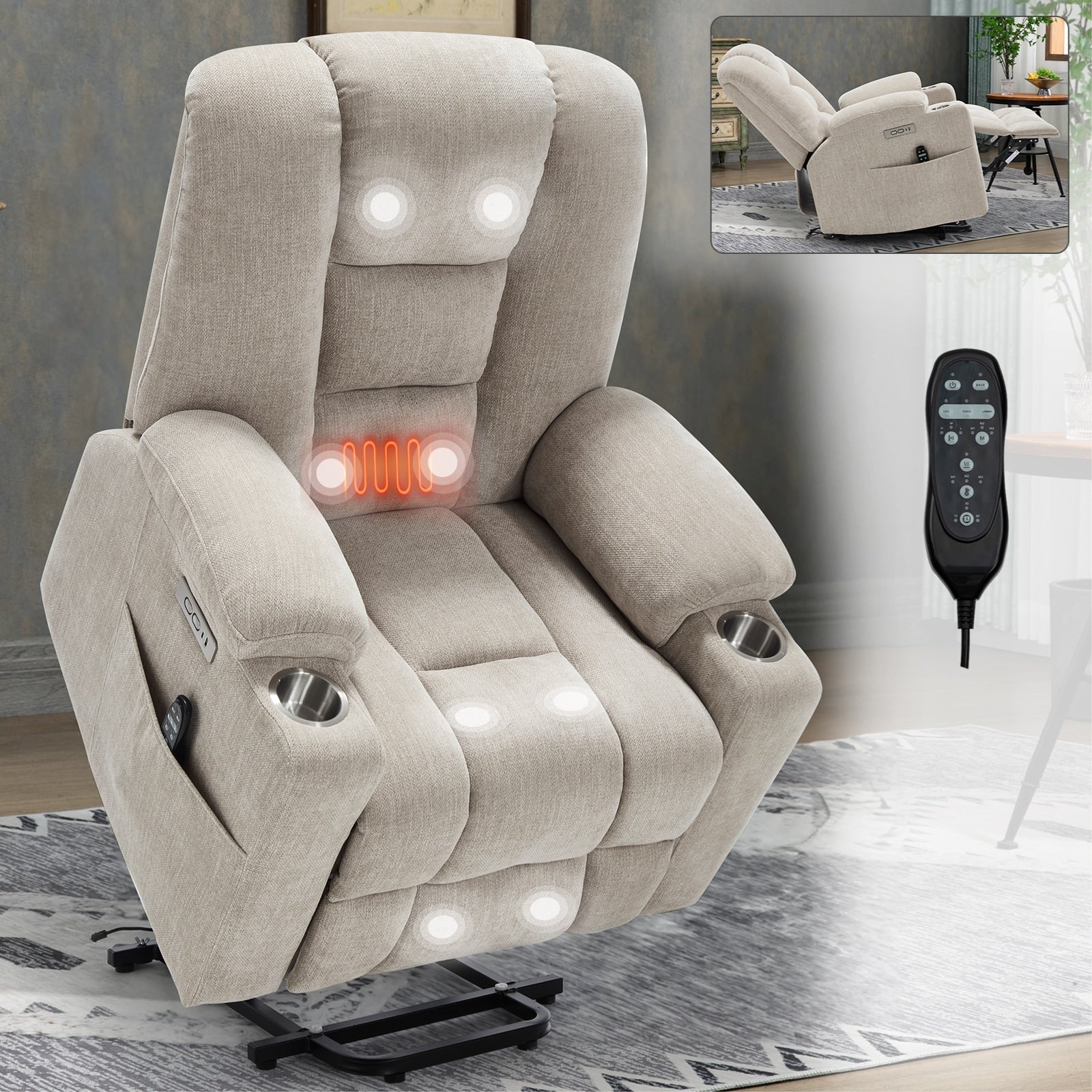 Power Lift Recliner Chair for Elderly, with Massage, Heat, Dual USB Ports, Type-C Charging, Cup Holders