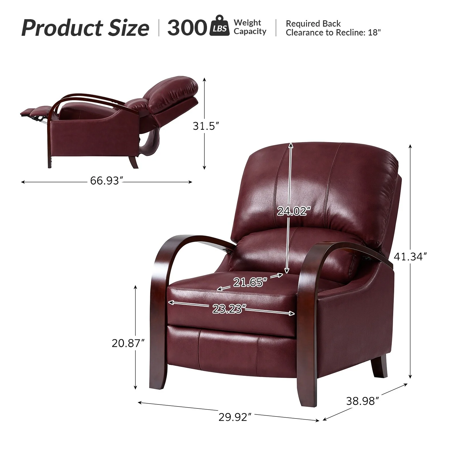 Alex Mid-century Modern Cigar Genuine Leather Manual Recliner with Wooden Curved Arms, Set of 2