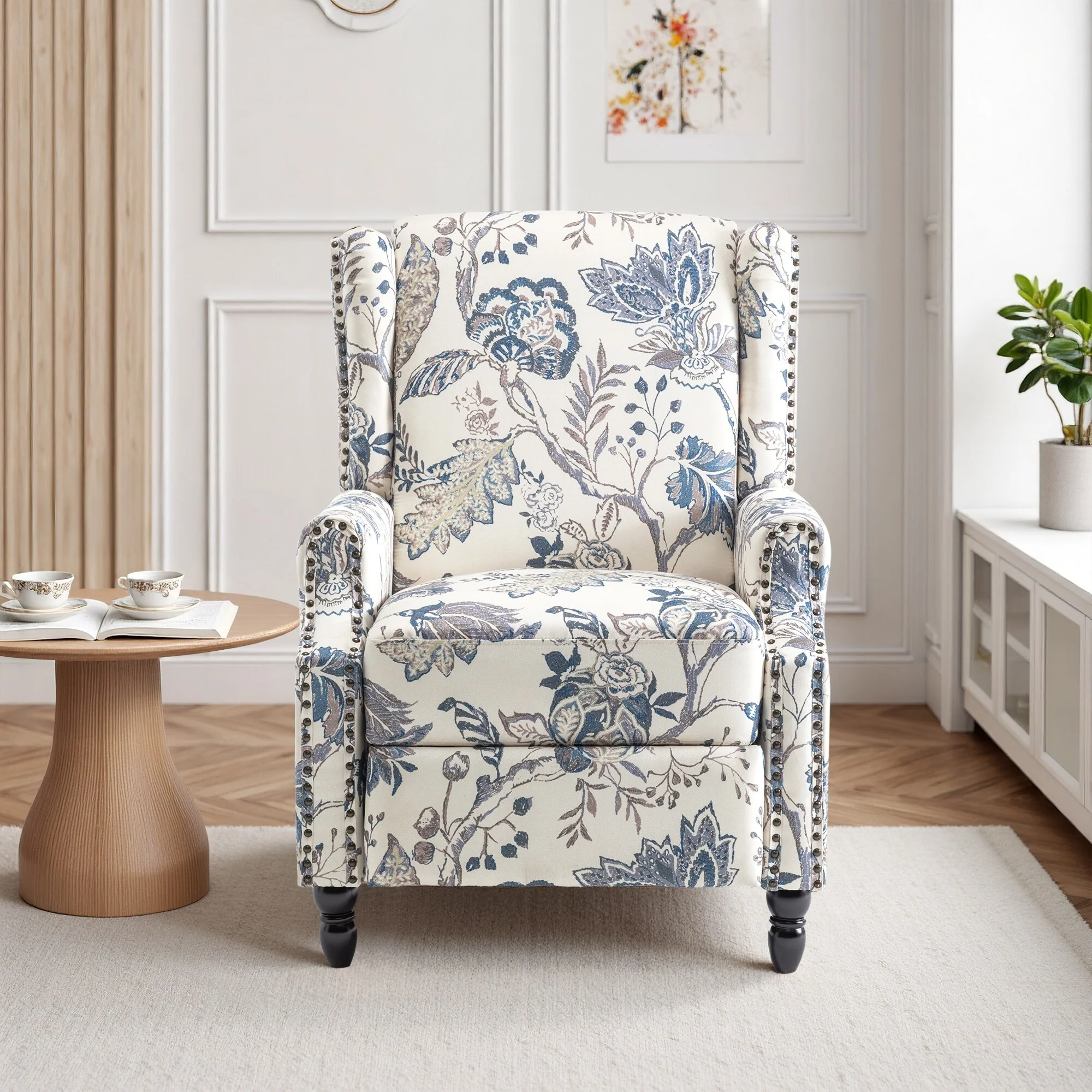 Linen Manual Upholstered Recliner with Wood Legs