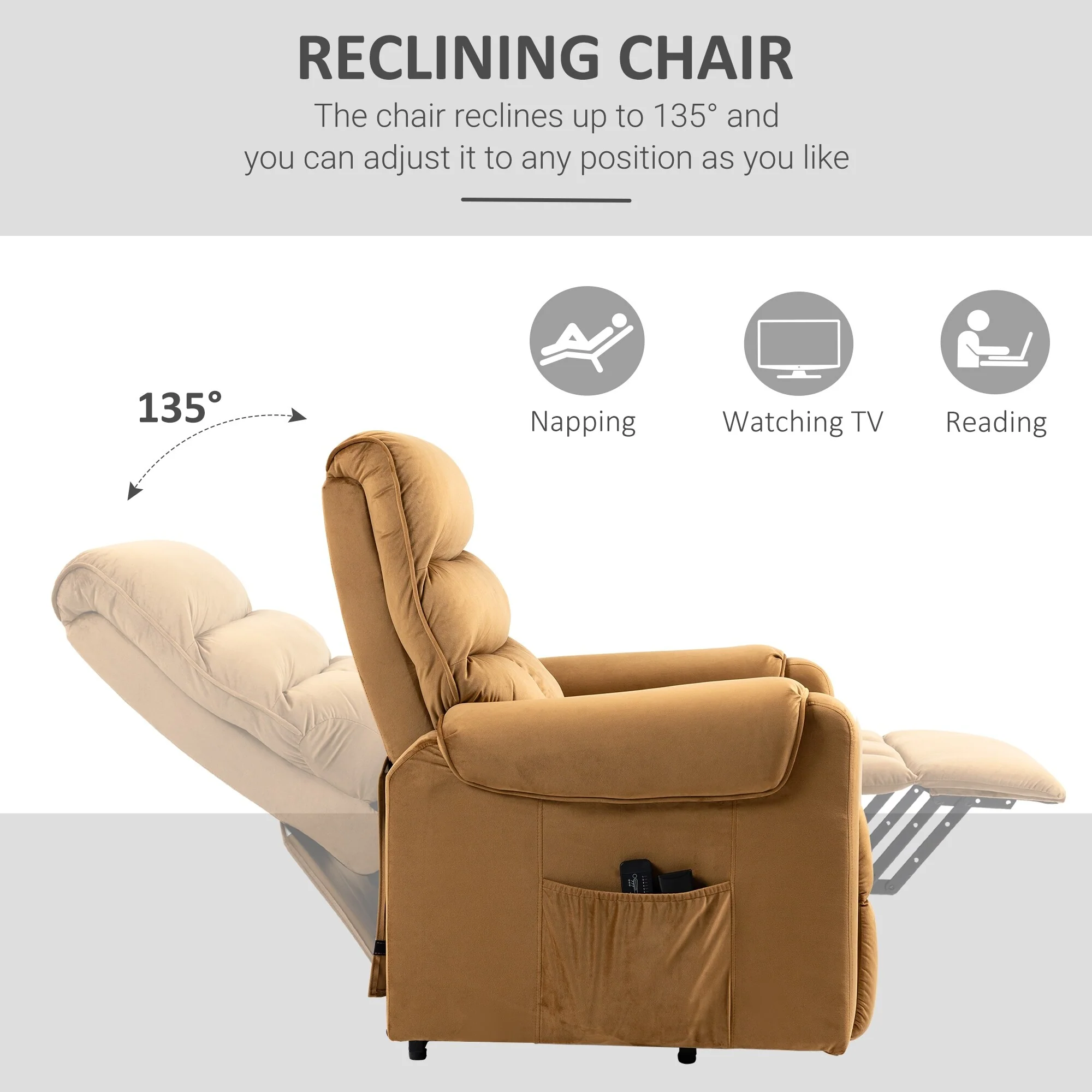 Brown Velvet Upholstered Power Lift Recliner Chair with Vibration Massage, Remote Control, Side Pockets, and Adjustable Recline