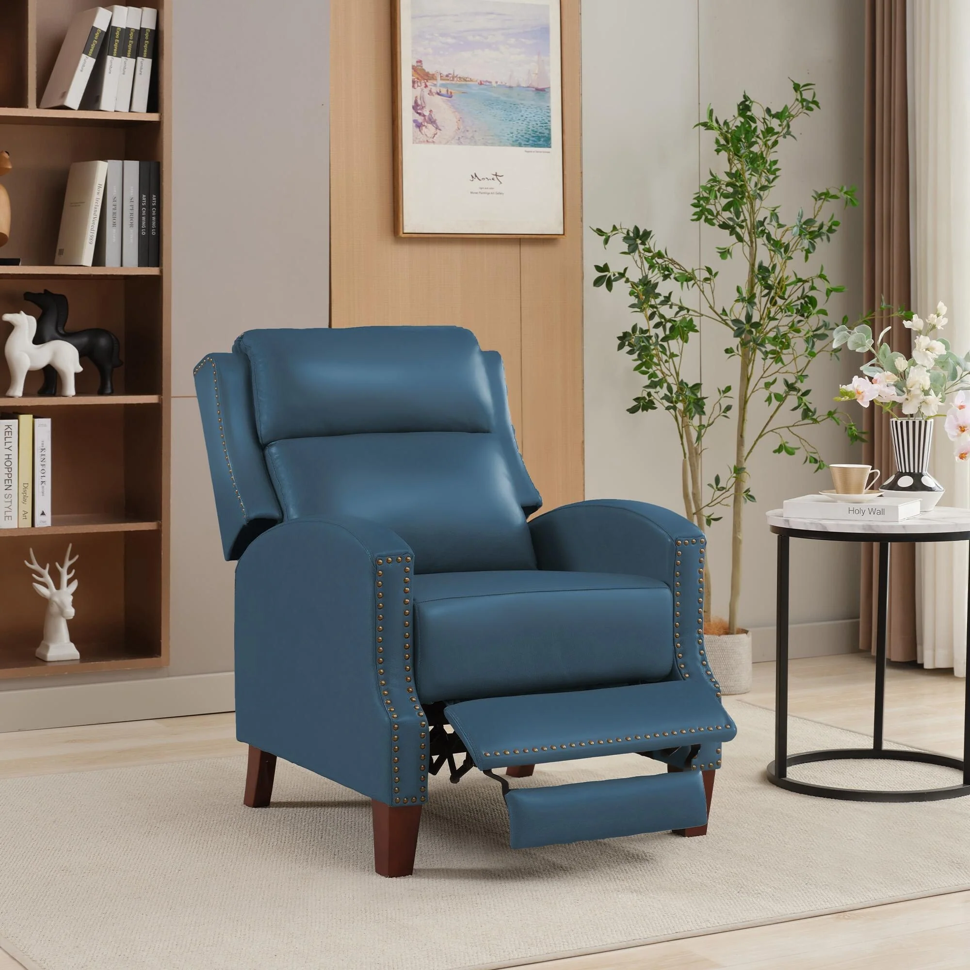 Genuine Leather Pushback Recliner with Multi-Angle Seat Back and Solid Wood Legs