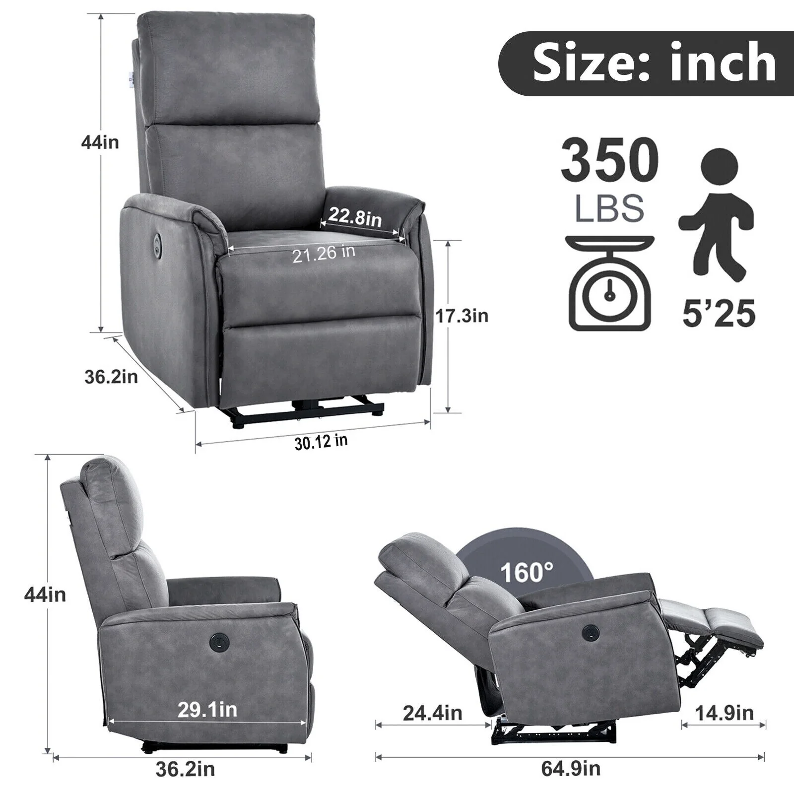 Grey Electric Reclining Chair with USB, Side Control, and Compact Design