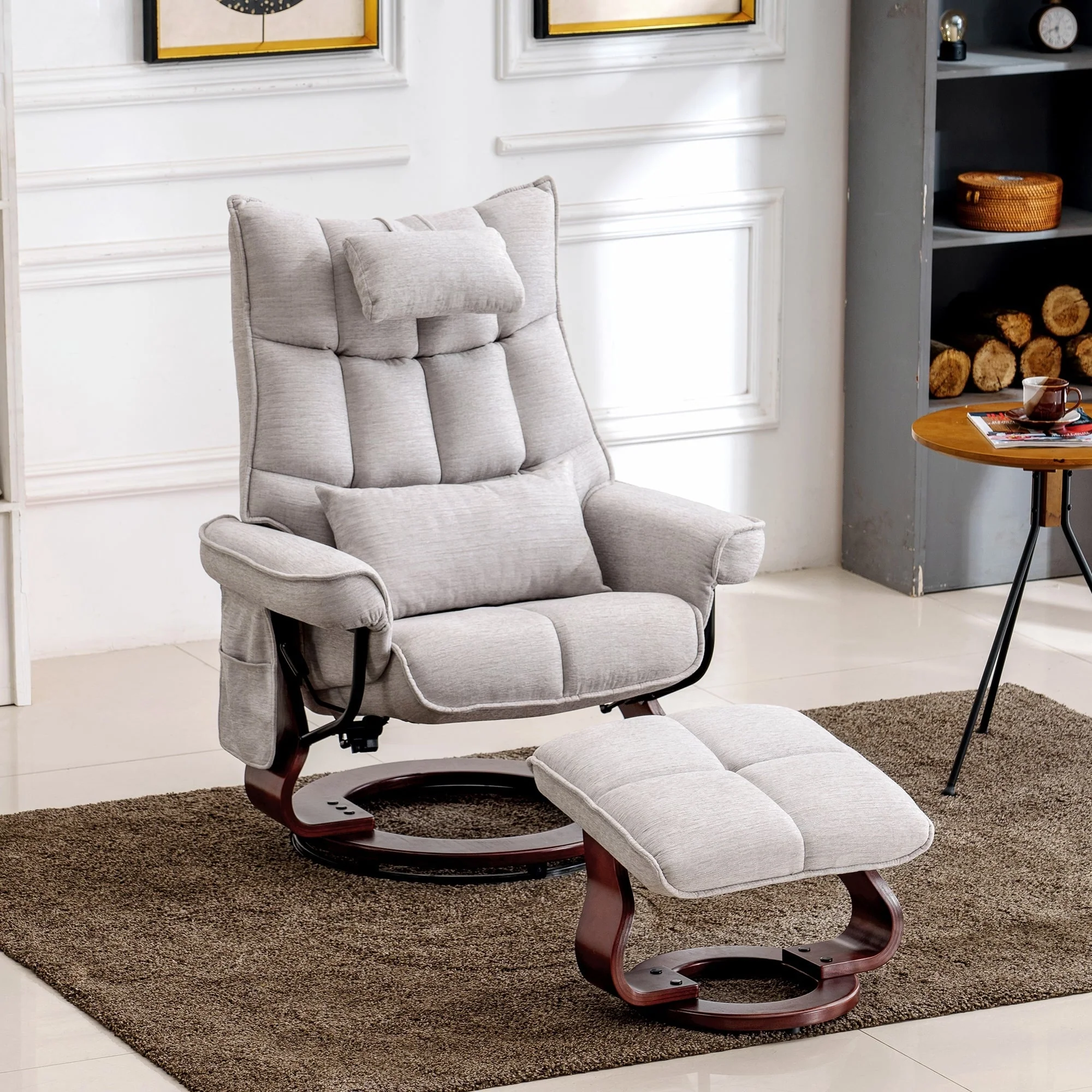 MCombo Swivel Recliner with Ottoman and Neck Pillow, Chenille Fabric