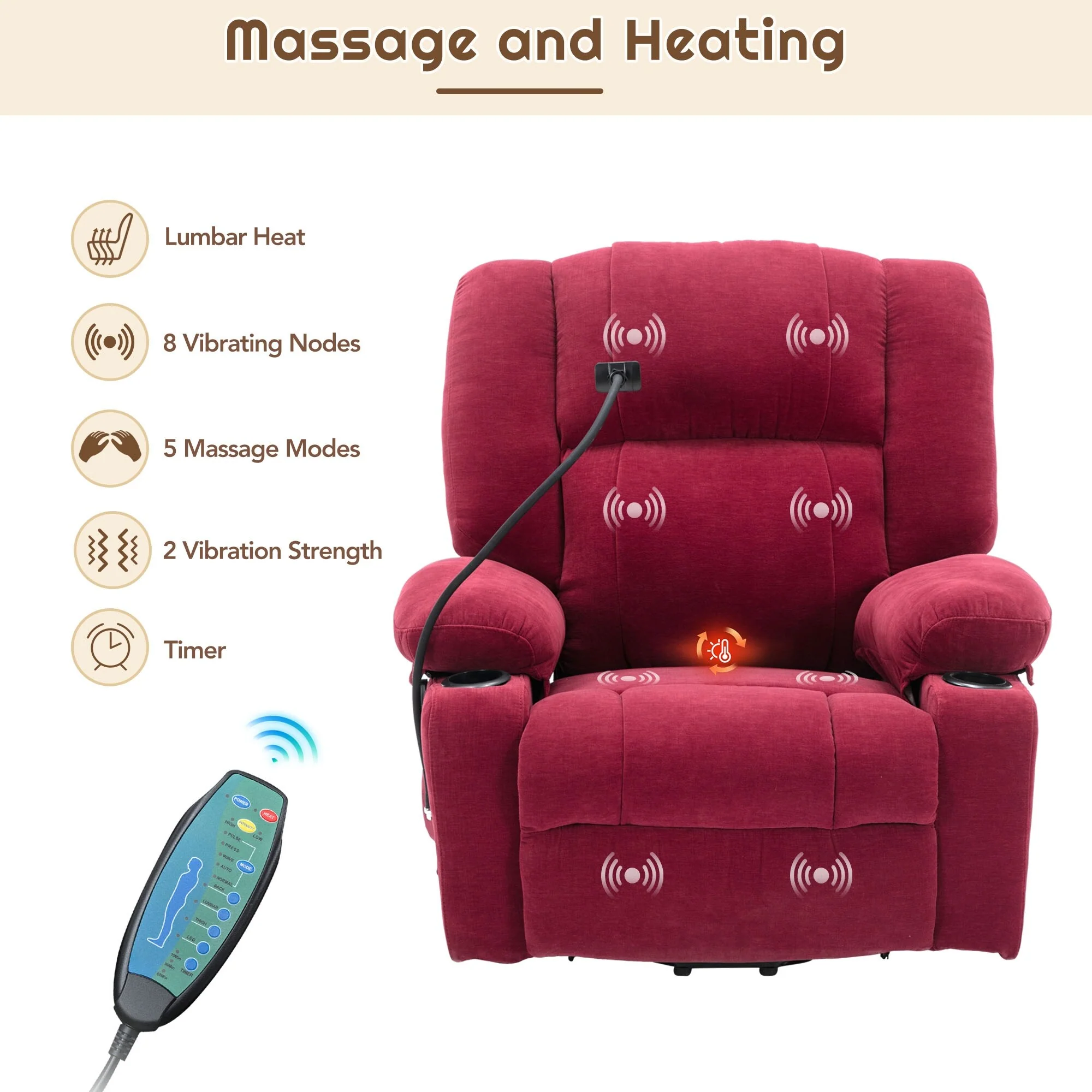 Grey Electric Lift Recliner Chair with Massage, Heating, Cup Holders & 360�� Swivel Phone Holder, Adjustable Recline Options