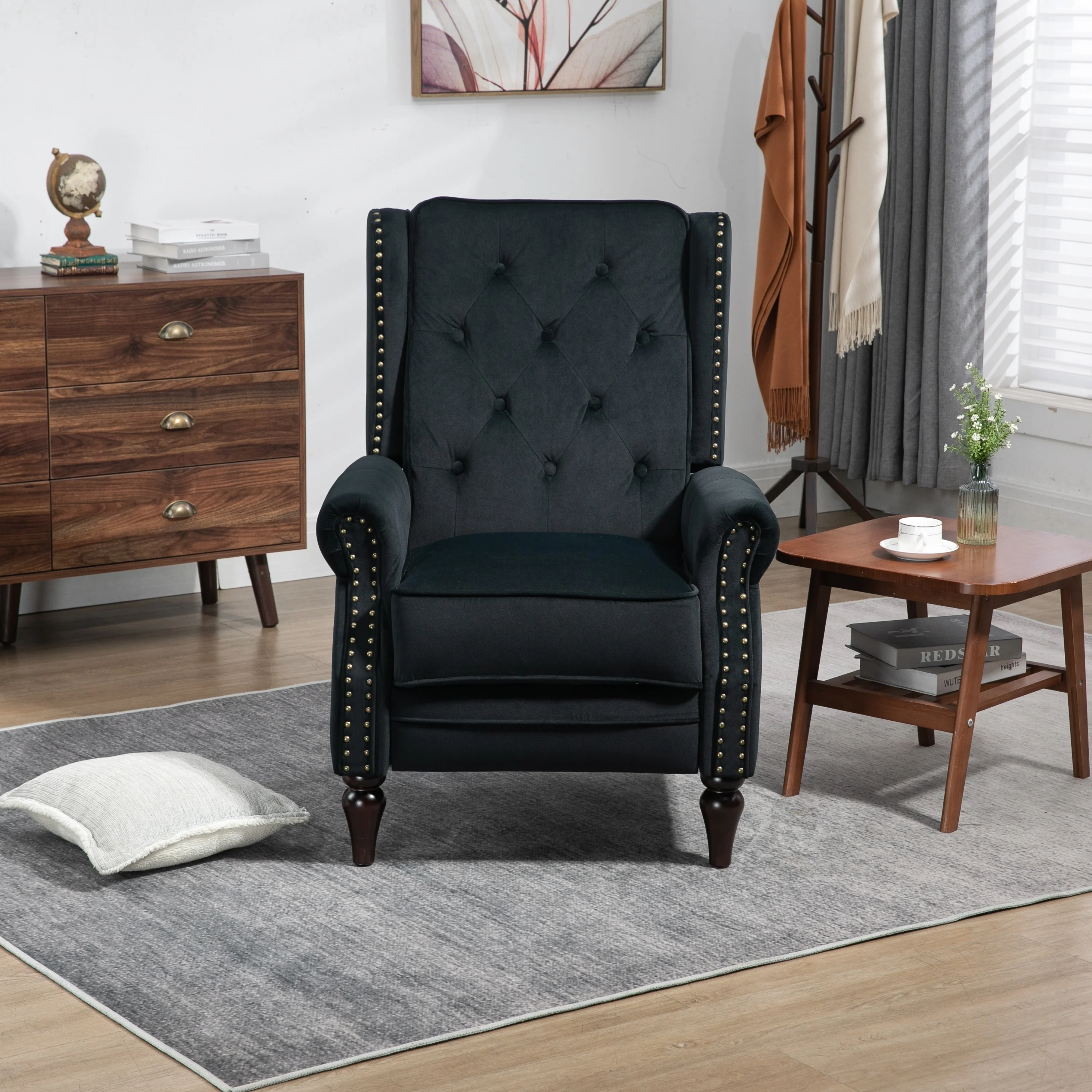Velvet Upholstered Nailhead Tufted Recliner Chair with Black Legs