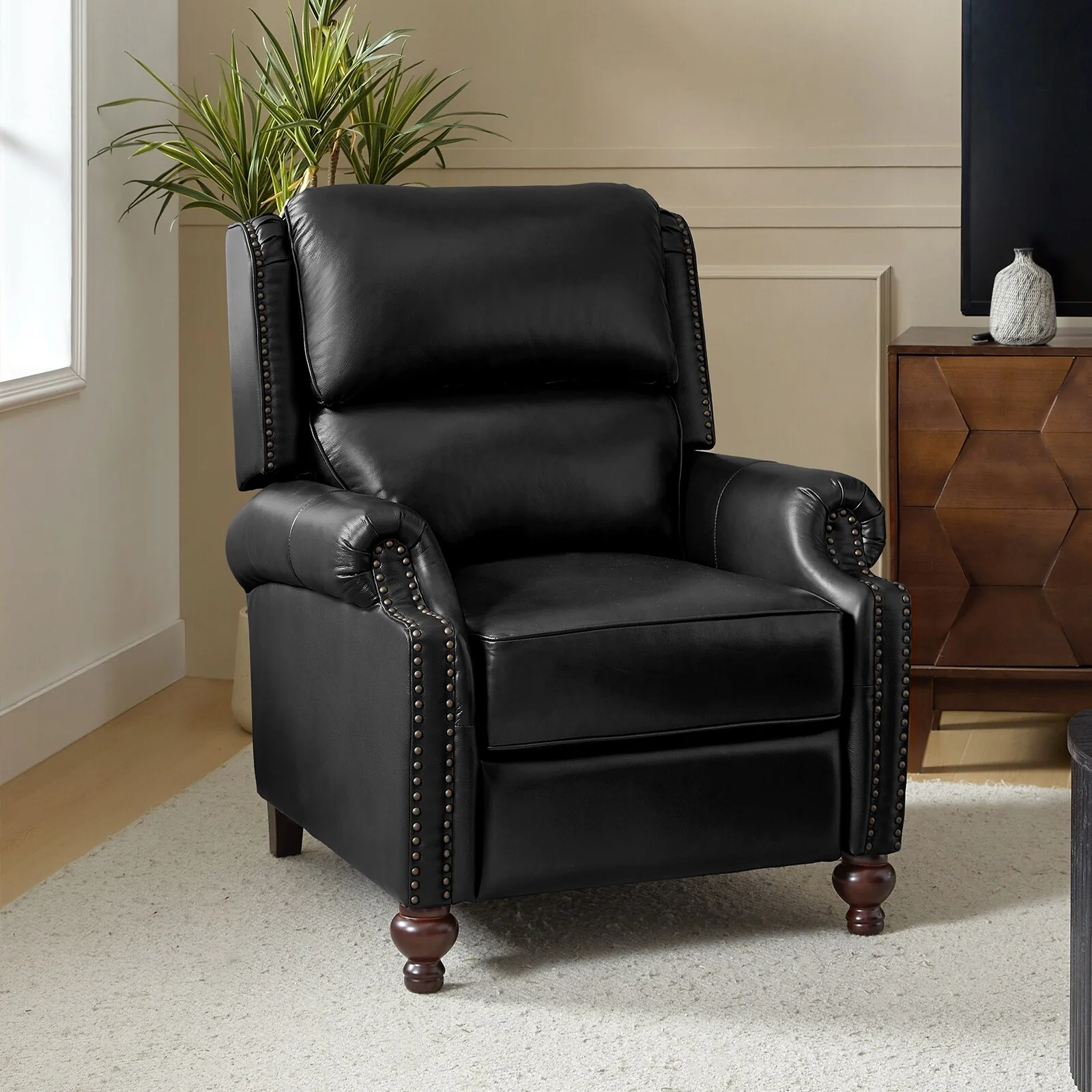 Gabriela Mid-Century Modern Genuine Leather Recliner with Tapered Block Feet by HULALA HOME