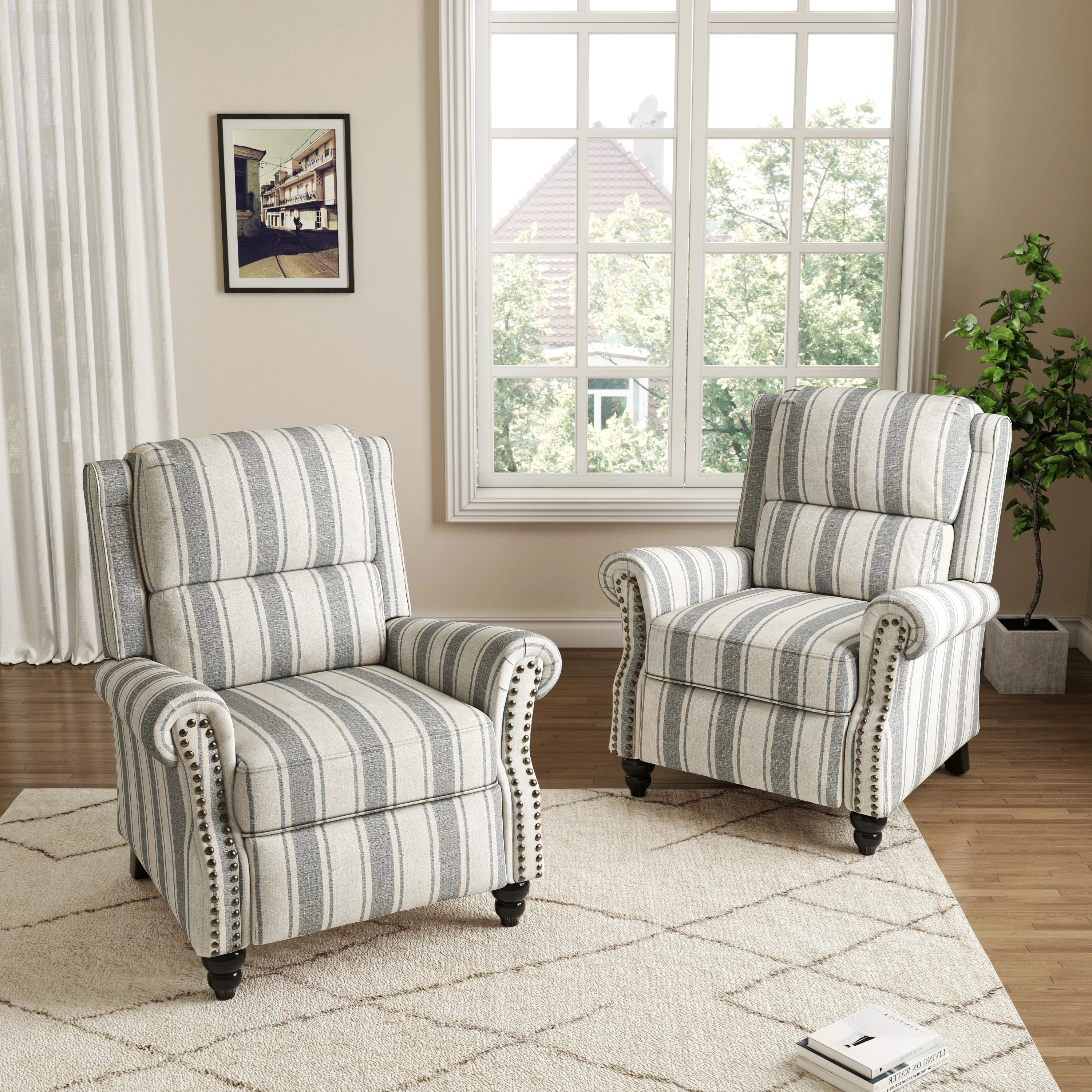 2 Set Manual Pushback Recliner Chair with Nailhead Trim
