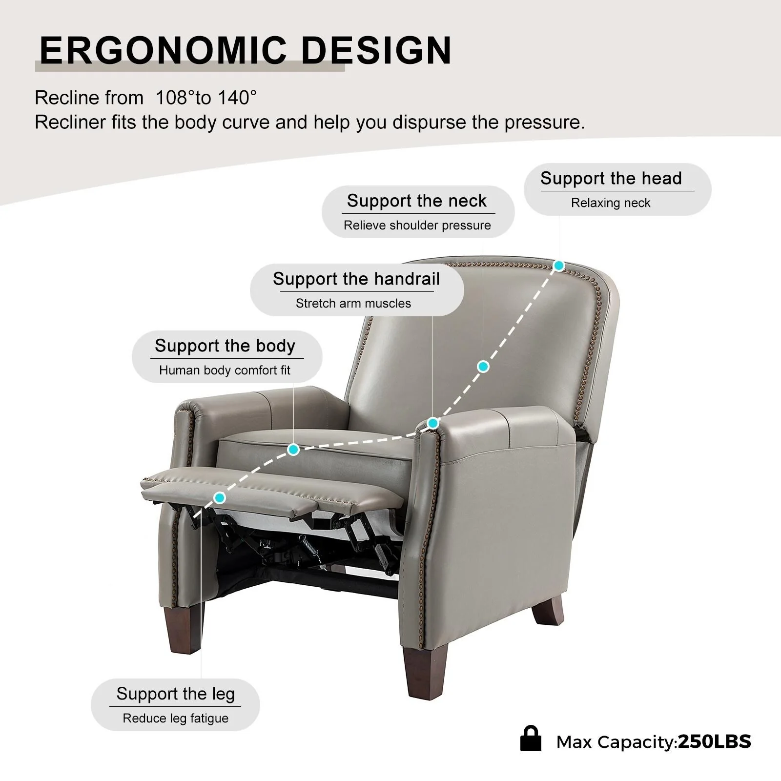 Gladis Modern Retro Genuine Leather Recliner with Nailhead Trim by HULALA HOME