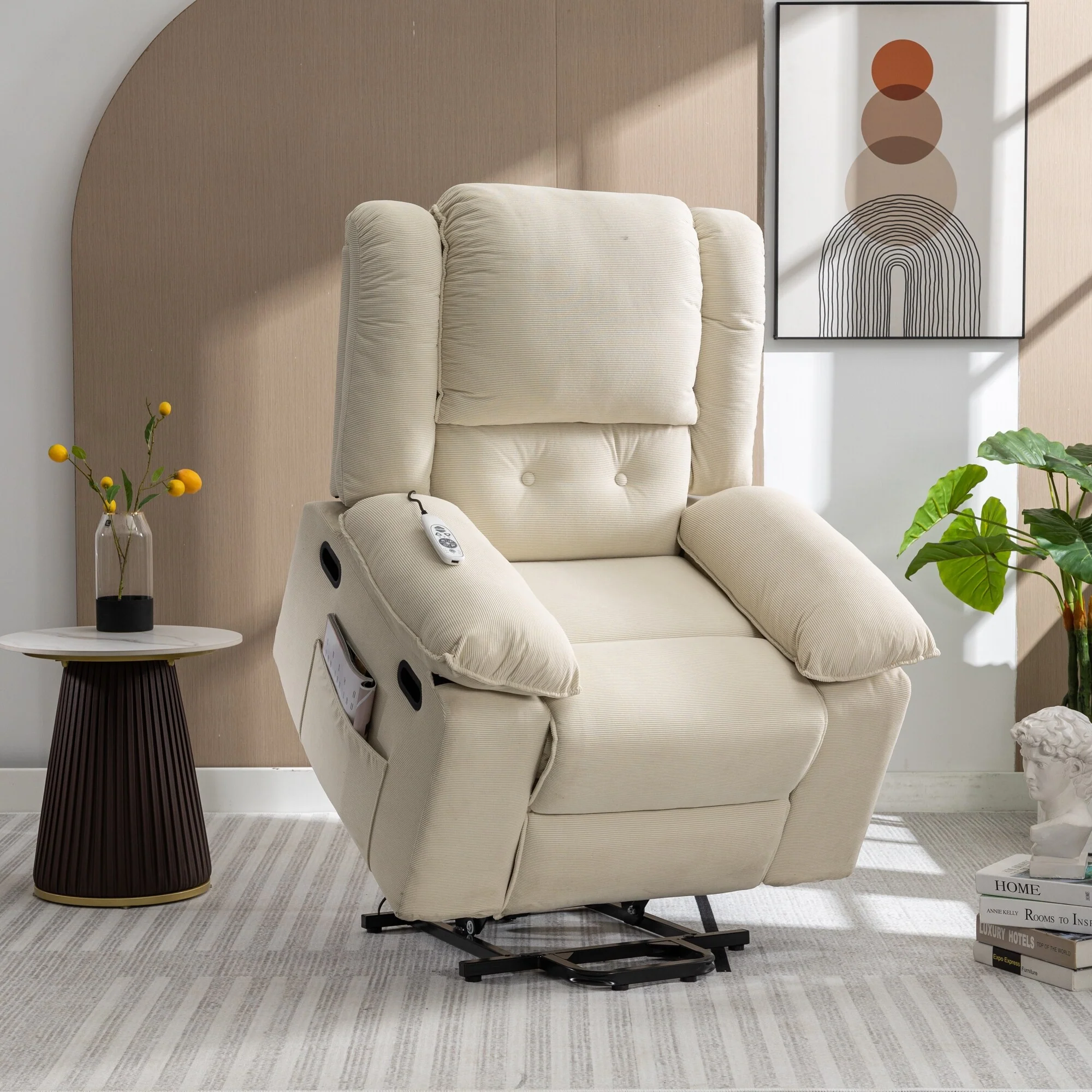 Beige Power Lift Recliner with Massage, Heating, Infinite Recline, Side Pockets, and Retractable Armrests