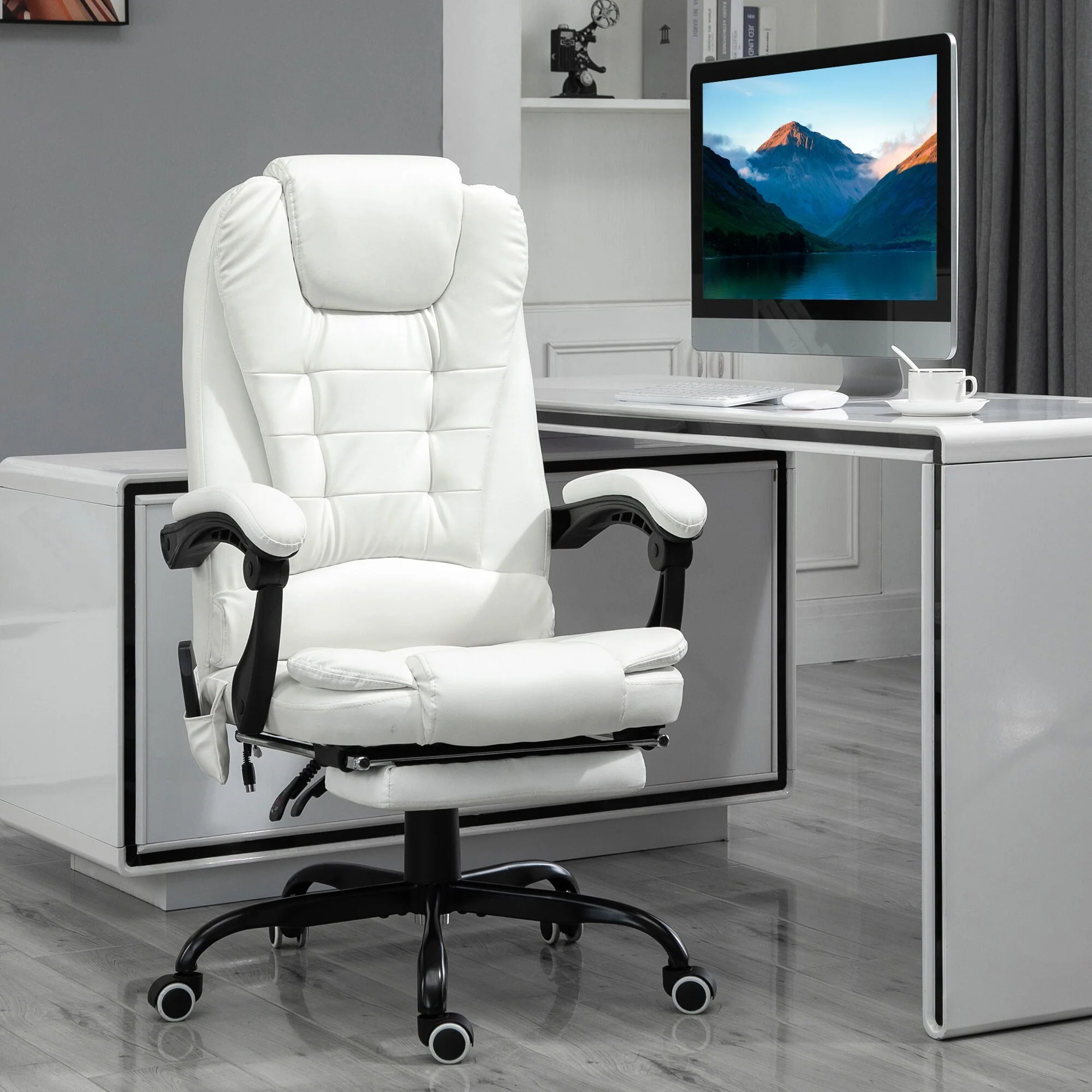 Ergonomic PU Leather Office Chair with 7-Point Massage, Reclining Backrest, Lumbar Cushion & Retractable Footrest