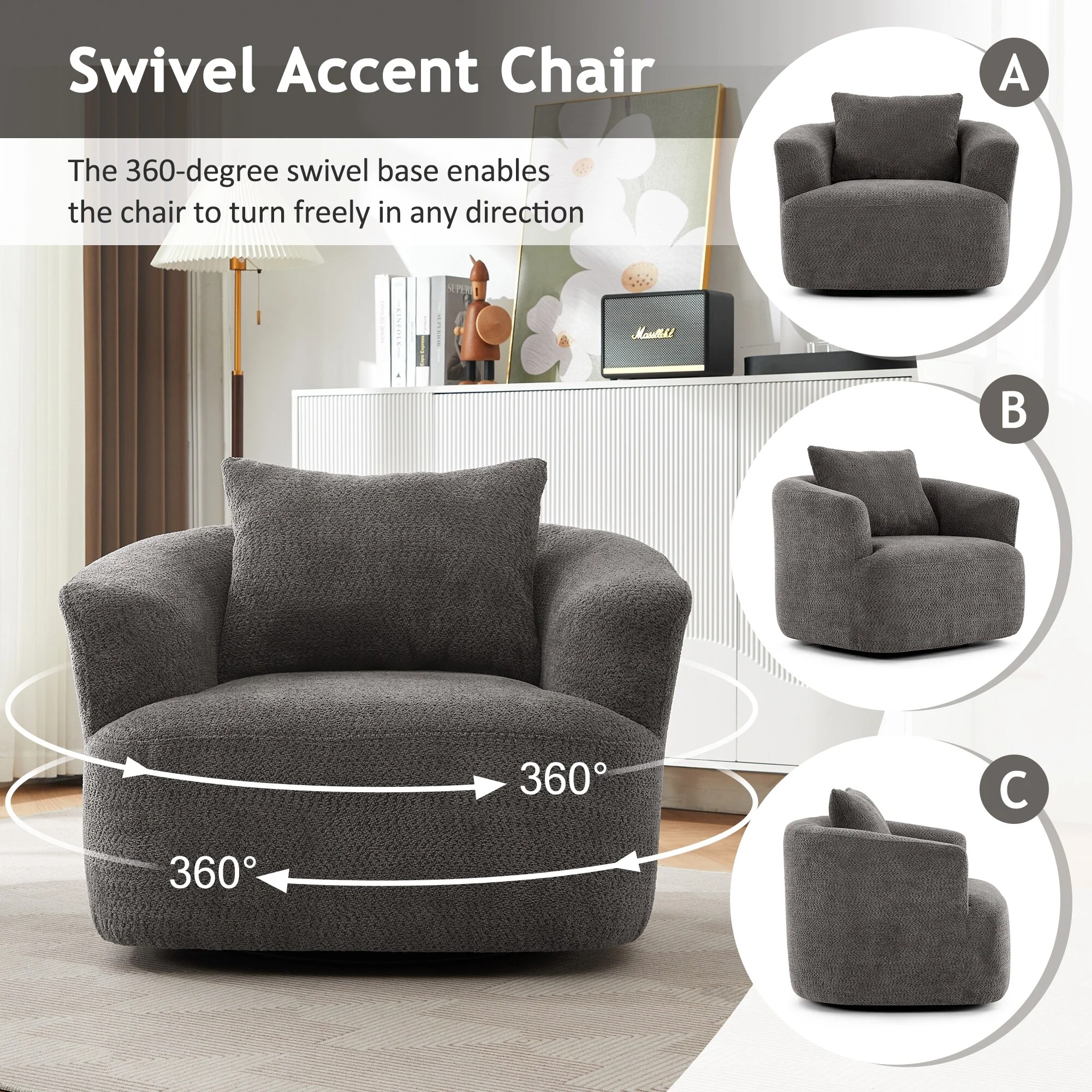 360�� Swivel Chair, 38.2 Boucle Accent Chair with Throw Pillow, Upholstered Barrel Sofa Chair with Curved Armrests