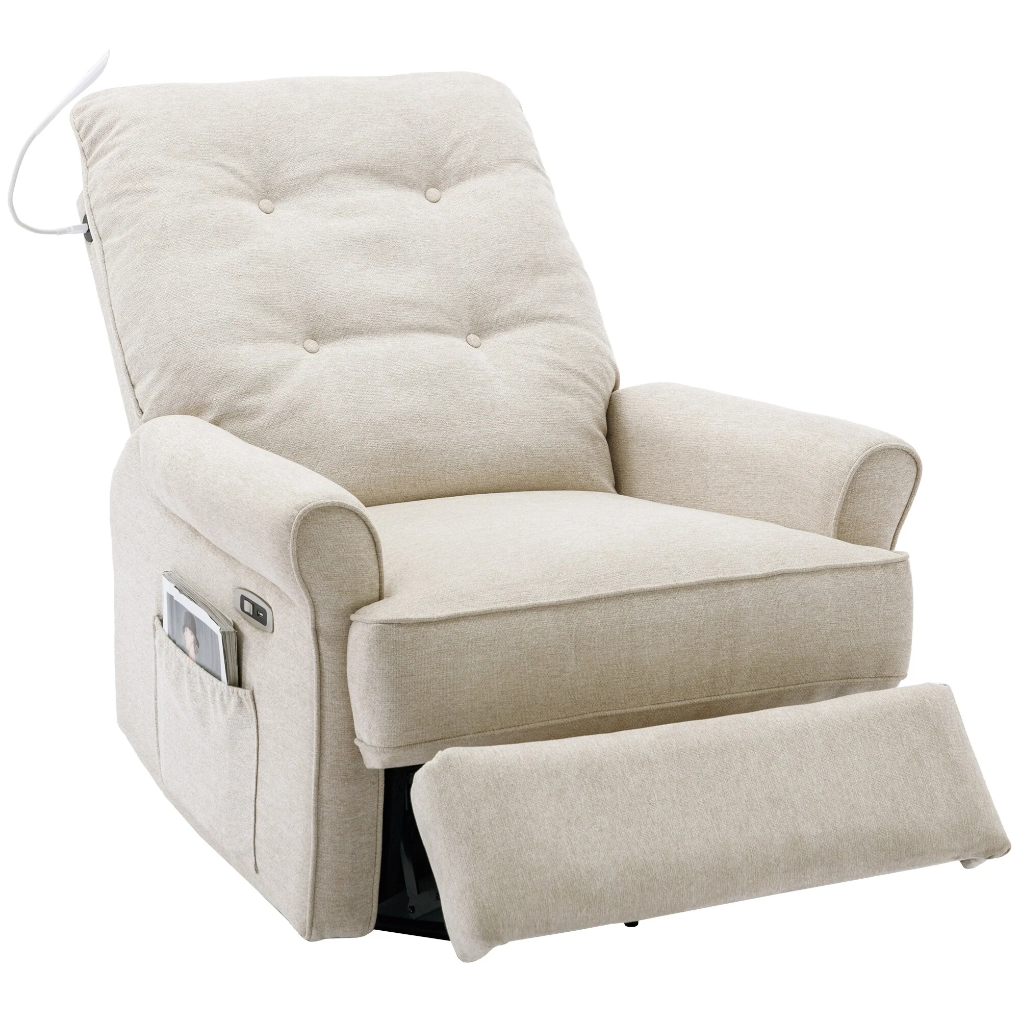 Beige 270�� Swivel Recliner with USB, Rocking Base, and Side Pocket