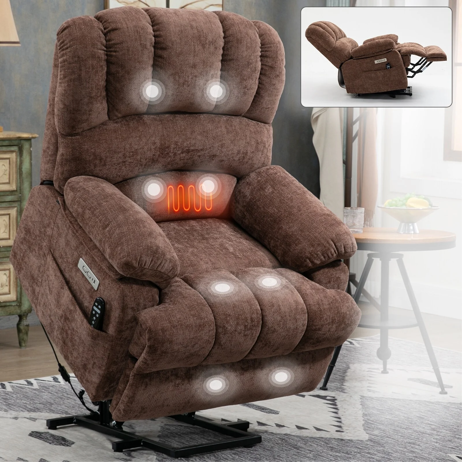 Chenille Power Lift Recliner Chair with 8-Point Vibration Massage