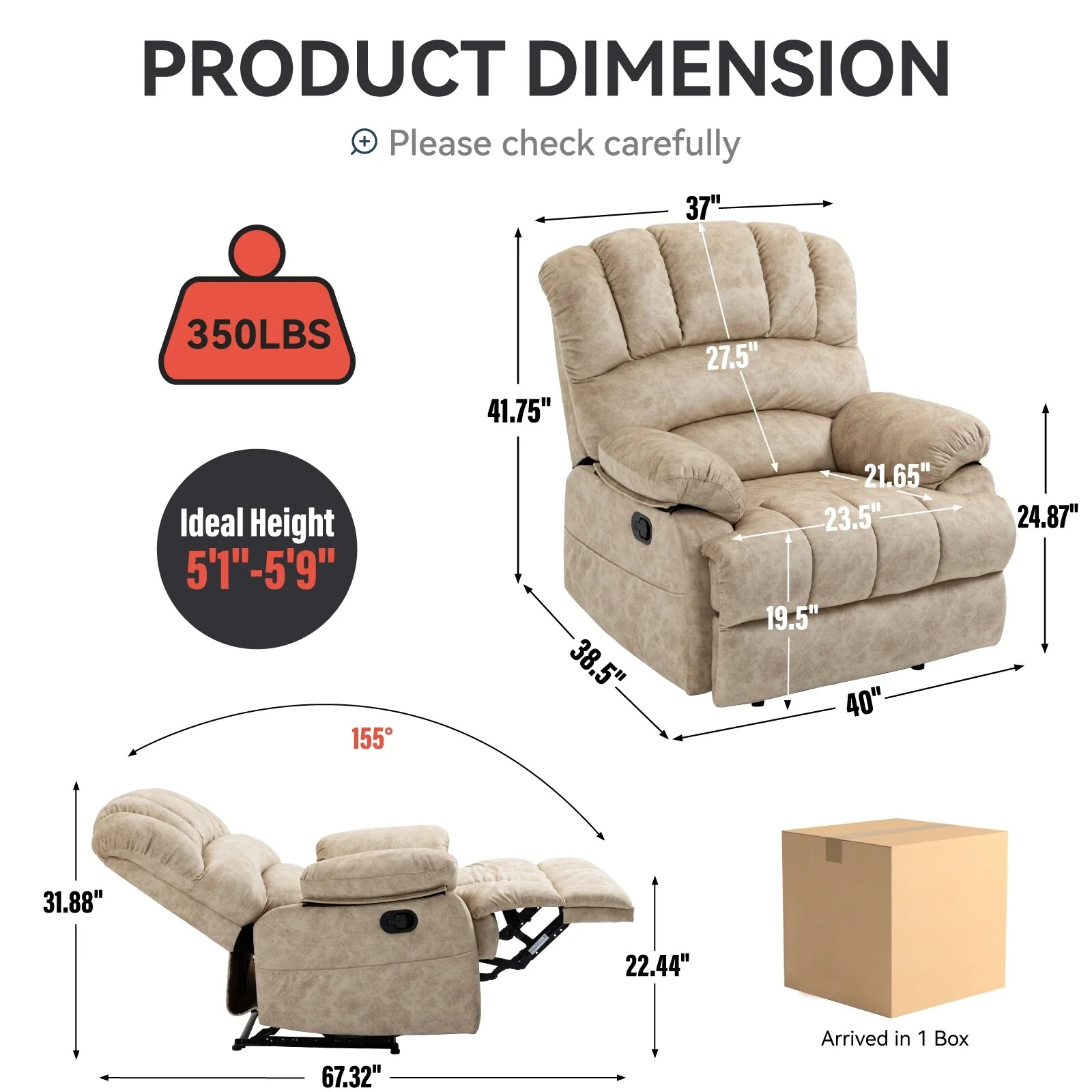Fabric Large Manual Recliner Chair with Adjustable Backrest and Footstool