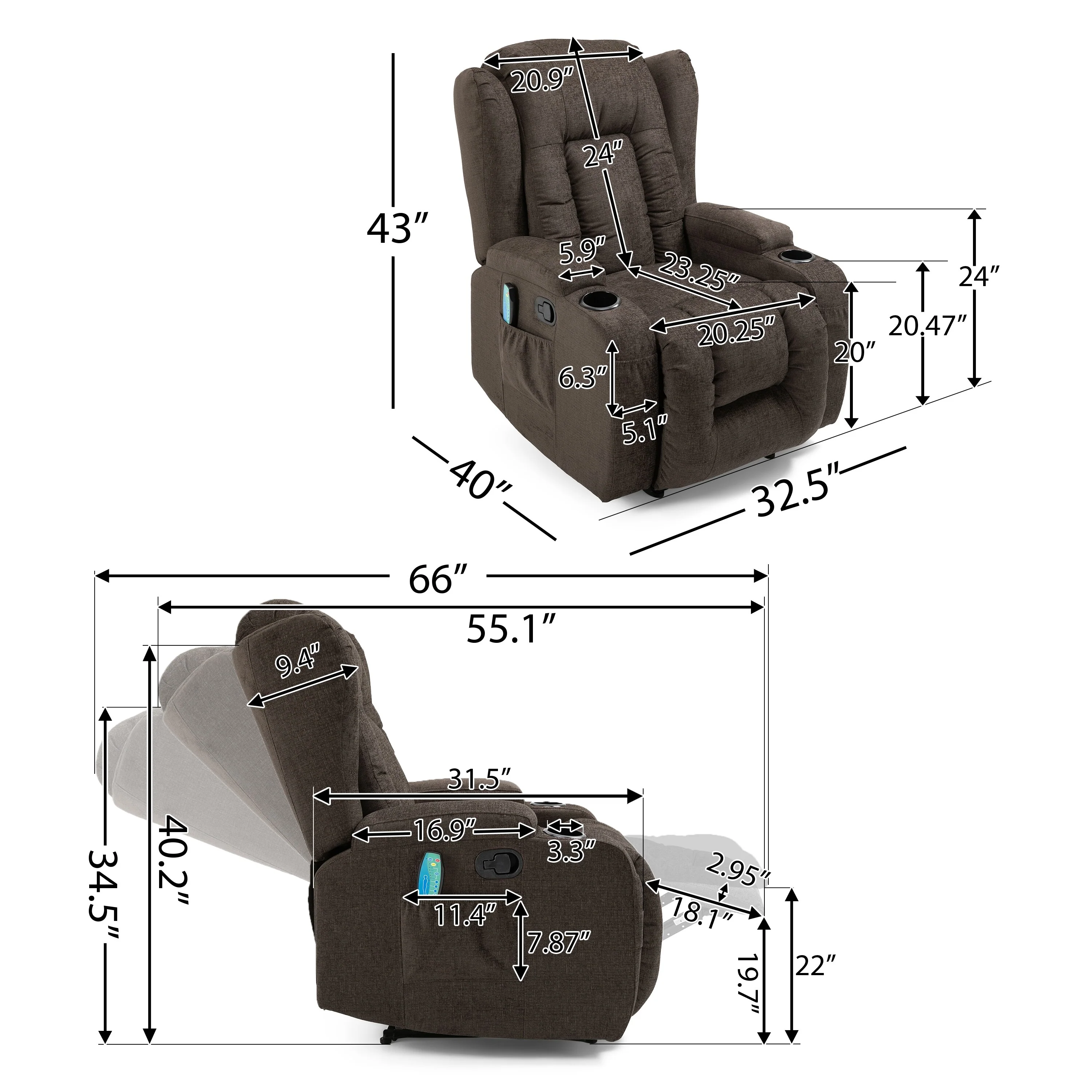 Brown Massage Recliner Chair with Heating, 5 Massage Modes, Cup Holders, Remote Control, and Manual Reclining Function