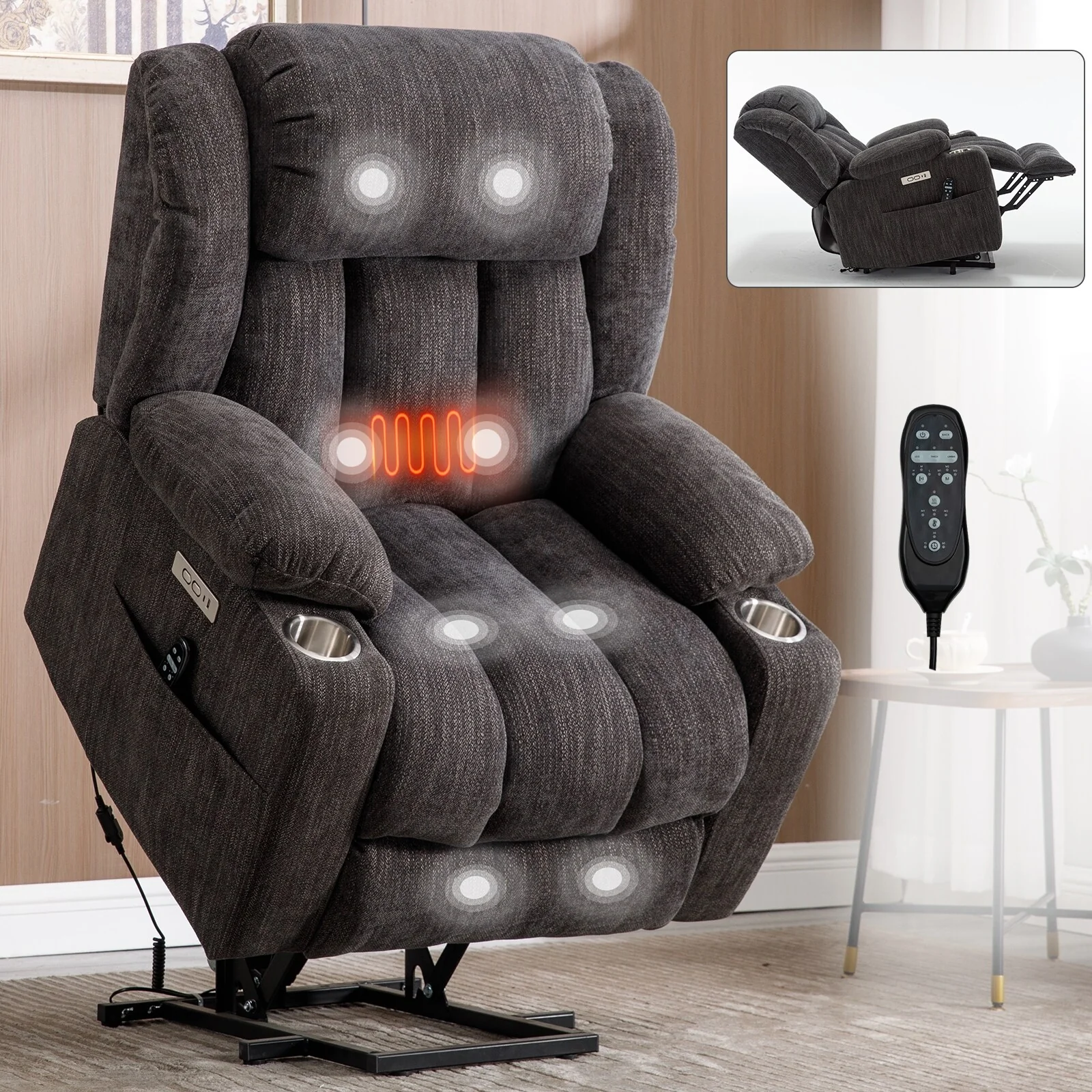 Grey Chenille Power Lift Recliner Chair with Massage, Lumbar Heating, USB & Type-C Ports, and Stainless Steel Cup Holders