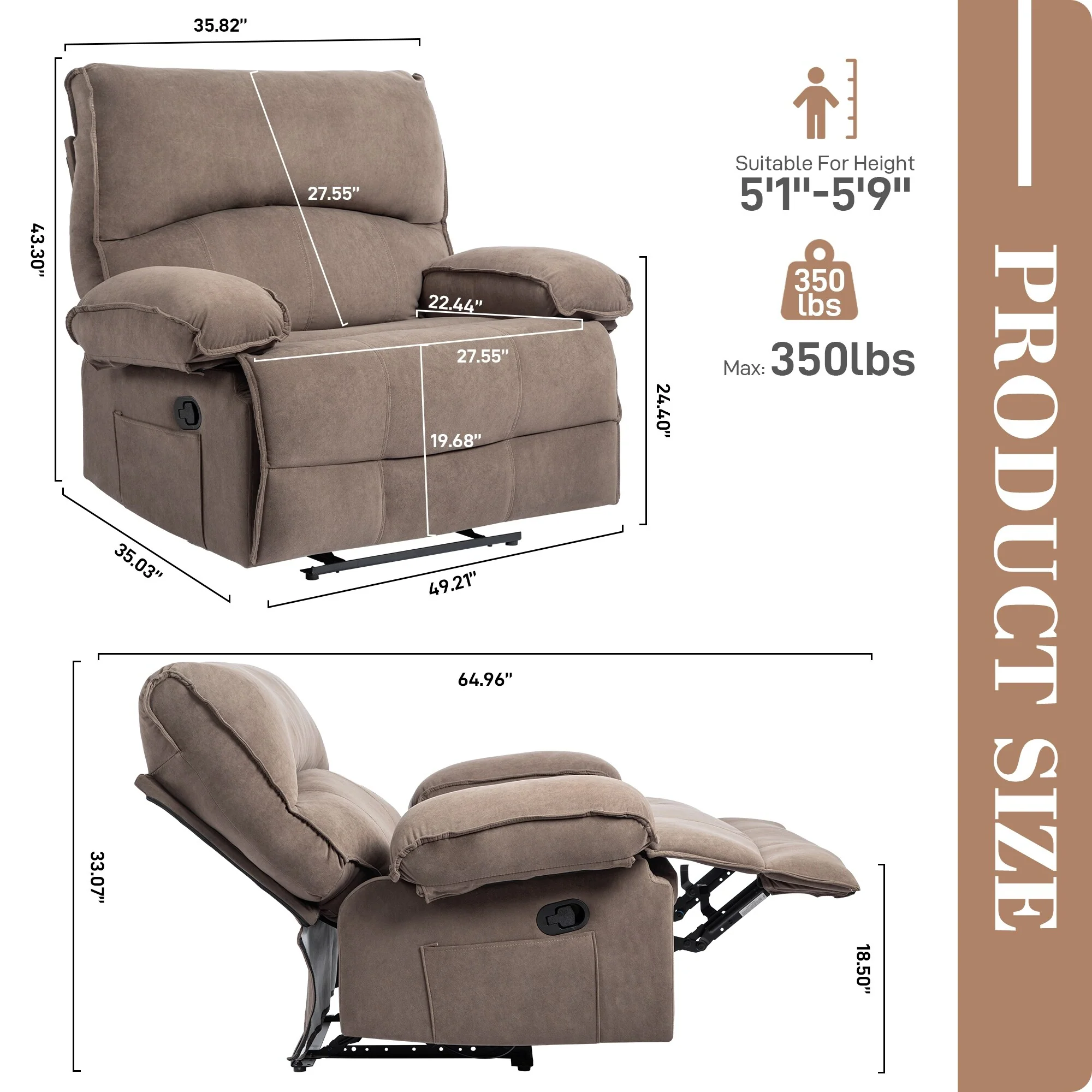 Push?Back Recliner Chair with Massage Pillow & Wide Seat