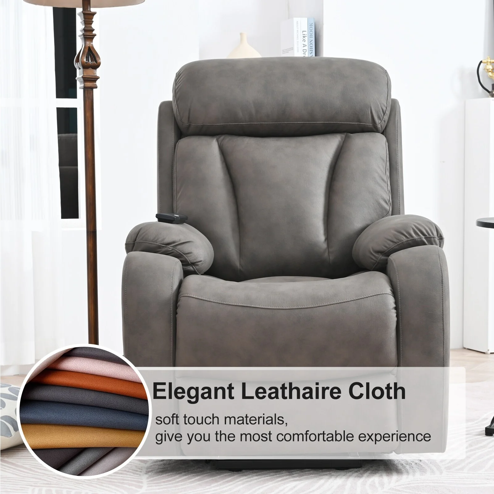 Grey Wide Seat Power Lift Recliner with Remote Control, Side Pocket, and Adjustable Recline Features